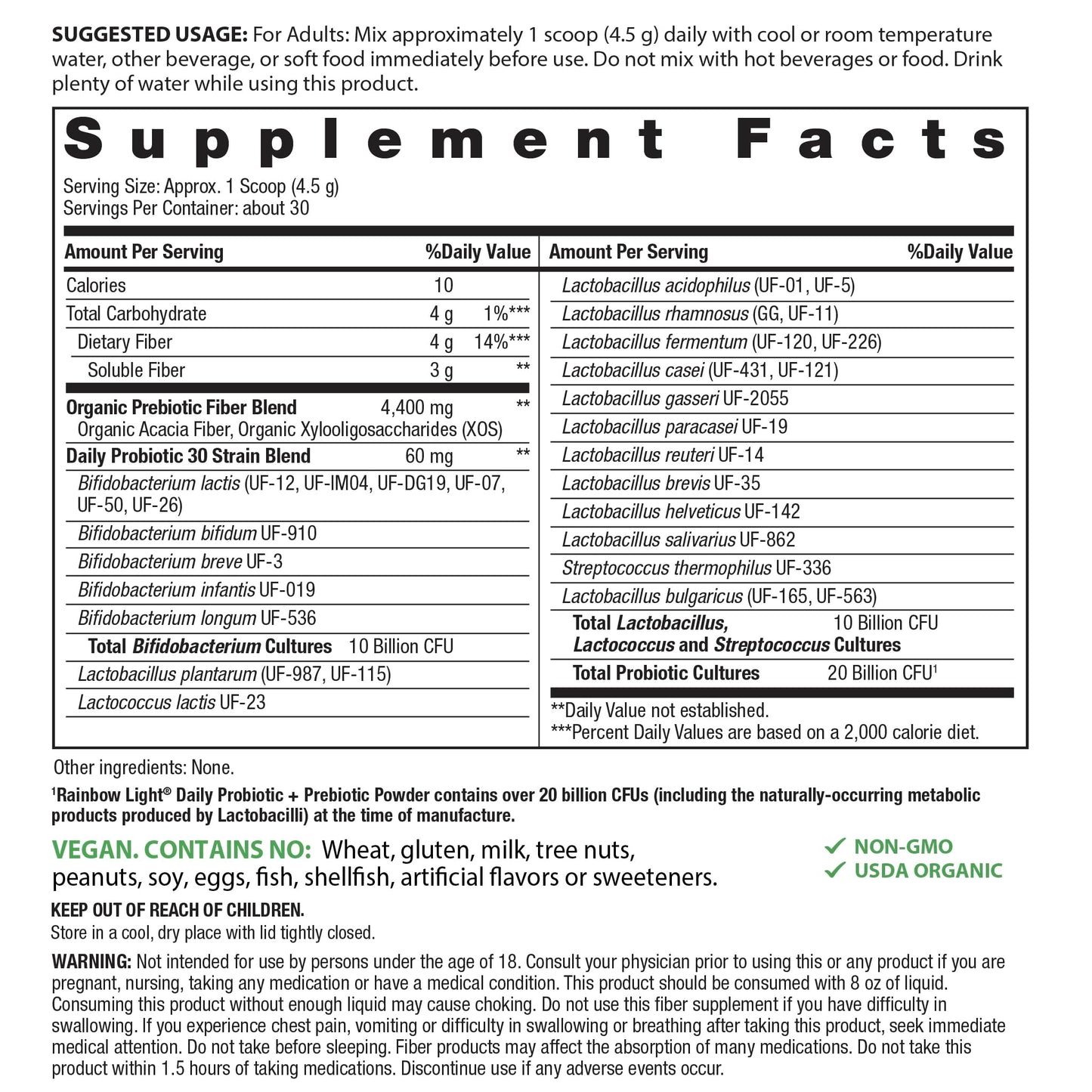 Rainbow Light Daily Probiotic & Prebiotic Powder 20 Billion CFU, 30 Probiotic Strains & Organic Prebiotic Fiber, for Men and Women, Supports Digestive Balance, 4.76 oz