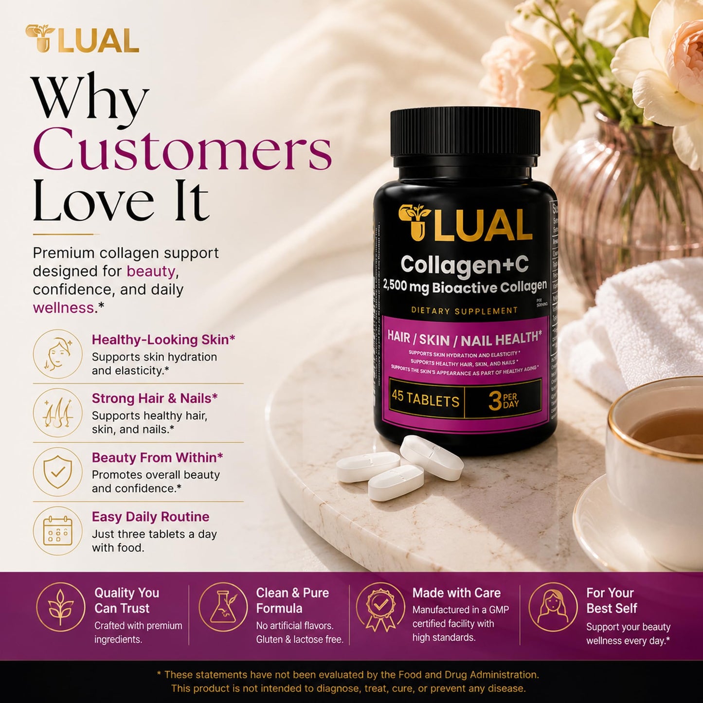 LUAL Collagen + Vitamin C Tablets, 45 Count