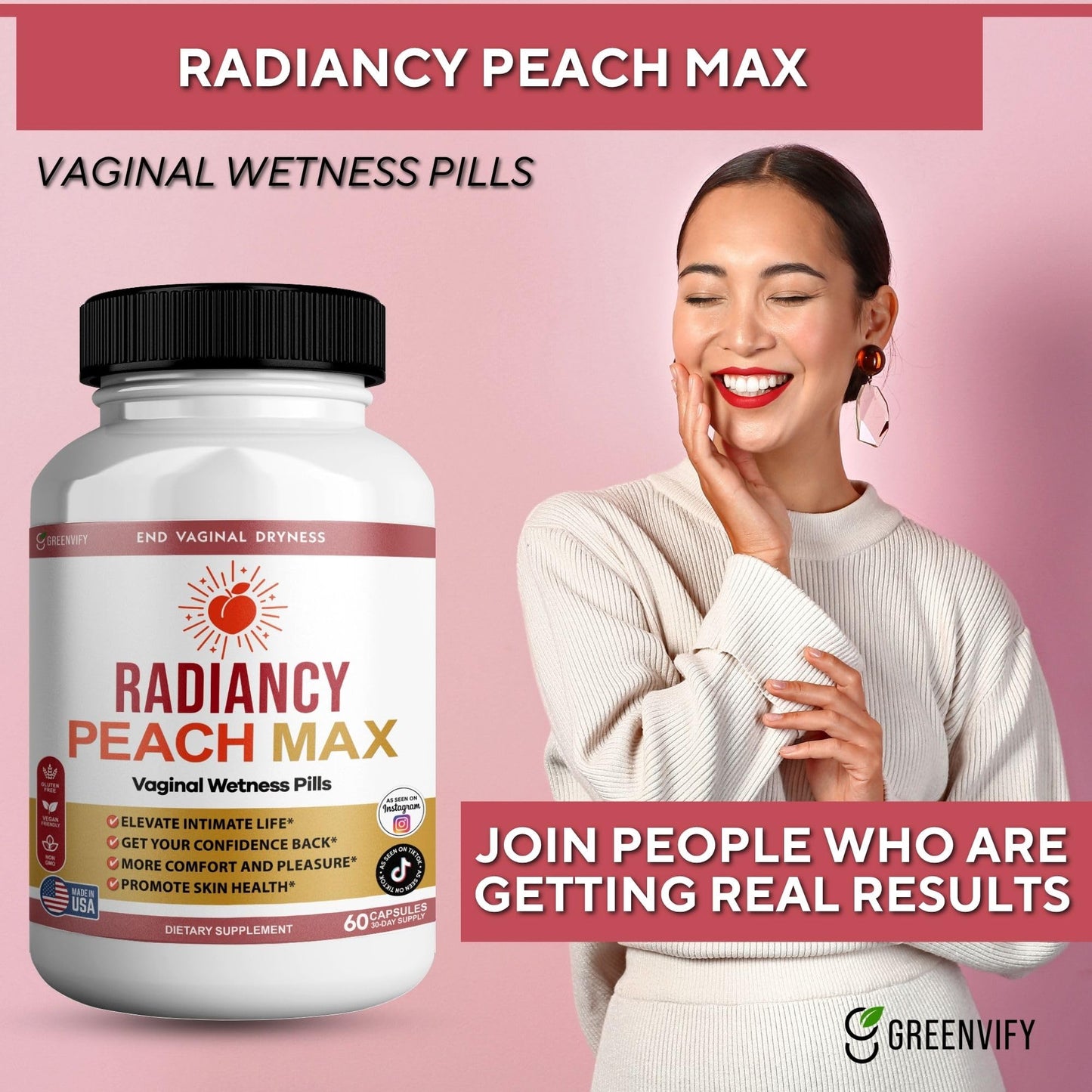 GREENVIFY Radiancy Peach Max Vaginal Wellness Supplement Capsules, 180 Count