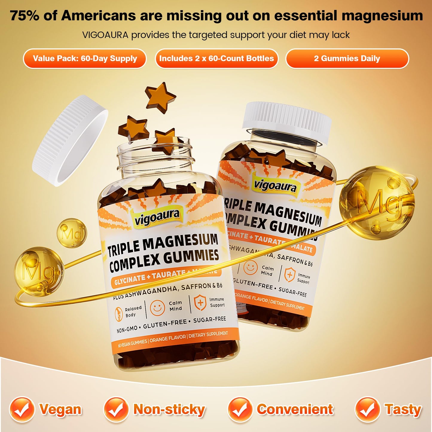 Vigoaura Magnesium Glycinate Gummies 3-in-1, 800mg Glycinate, Taurate & Malate with Ashwagandha & Saffron for Adult, Sugar Free, Vegan, 120 Chews