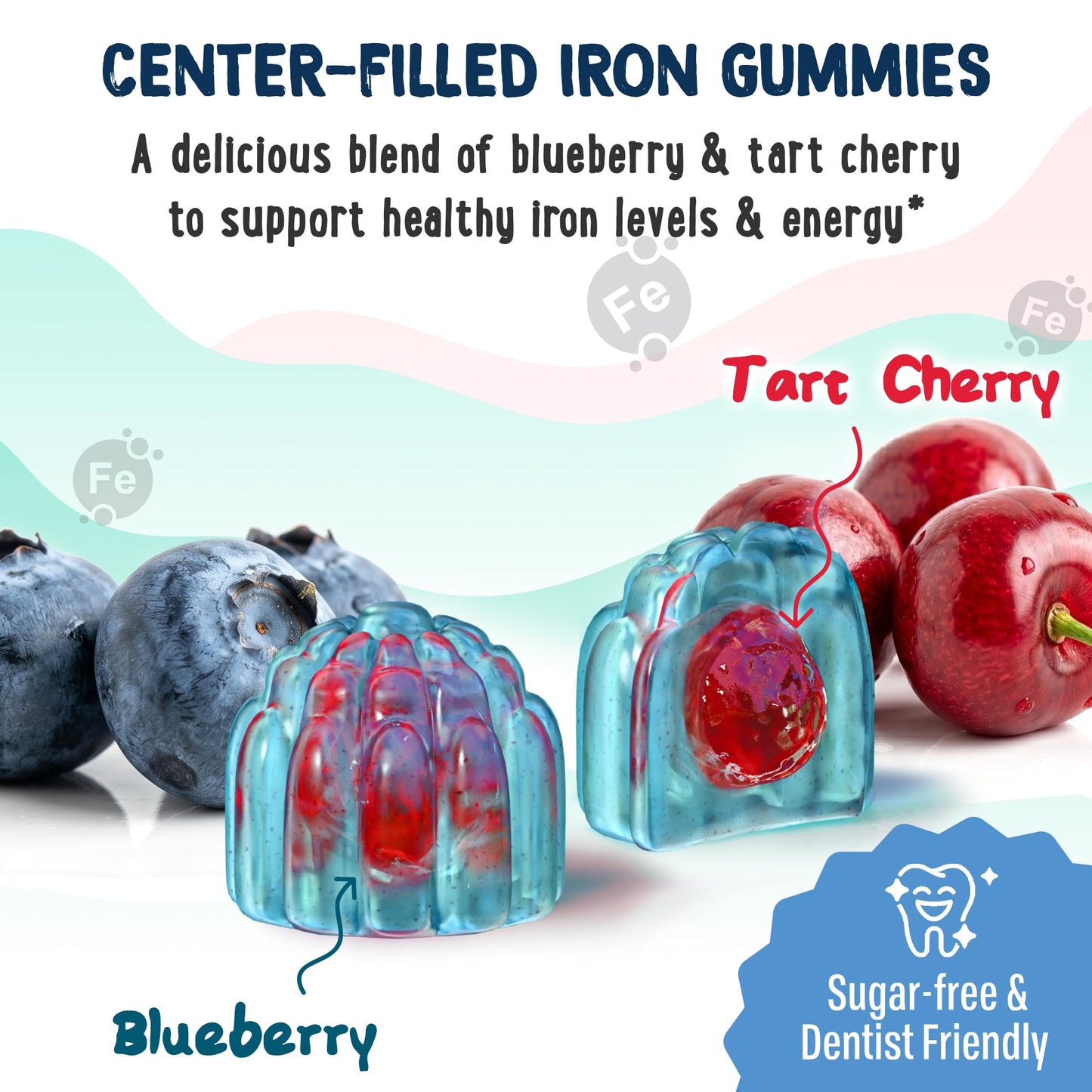 OH MY CHEWY Center-Filled Iron Gummies for Kids with 5-MTHF, Sugar-Free and Vitamin C, 60 Gummies