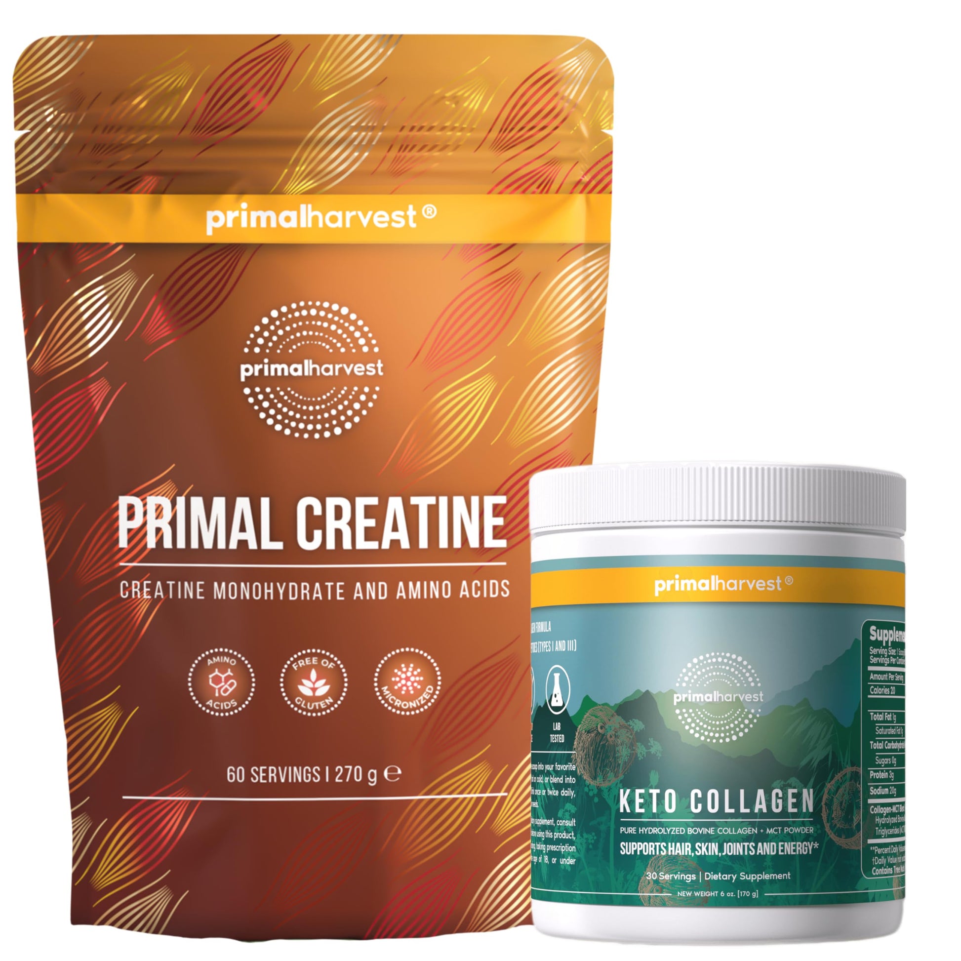 Primal Harvest Creatine Powder + Keto Collagen Powder Bundle, Powder, 19.7