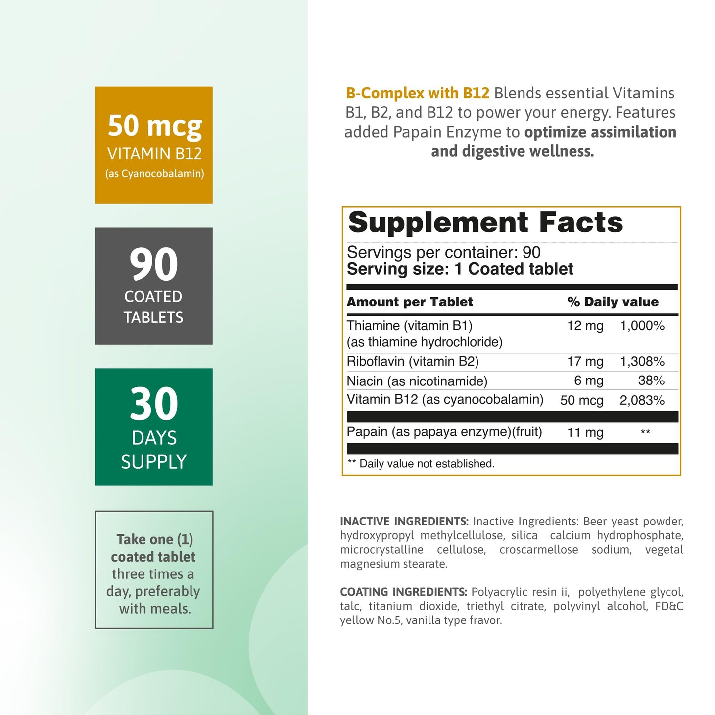 Nutra Nutrition B Complex with B12 Papaya Enzyme Energy Support Tablets, 90 Count