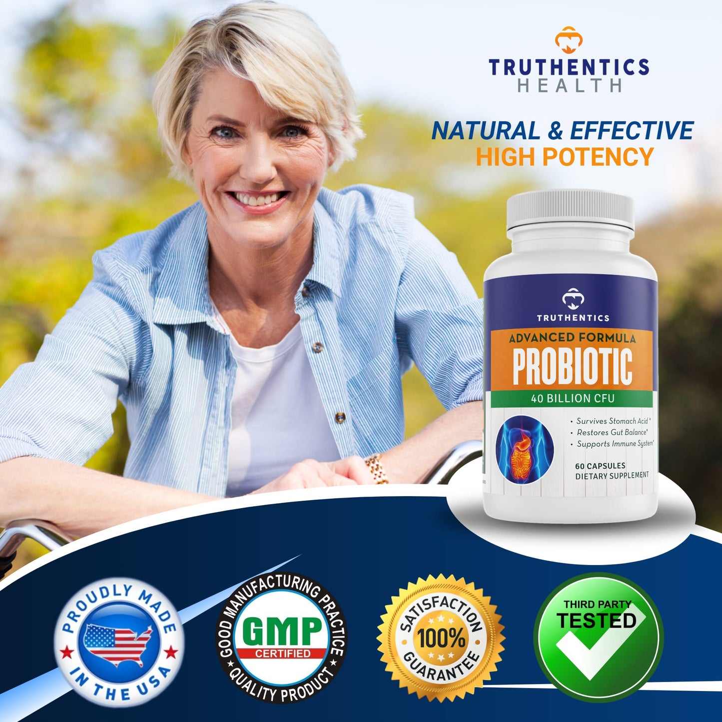 TRUTHENTICS Probiotic 40 Billion CFU with Prebiotics Bifidobacterium Lactobacillus Acidophilus Paracasei Probiotics for Men & Women Capsules, 60