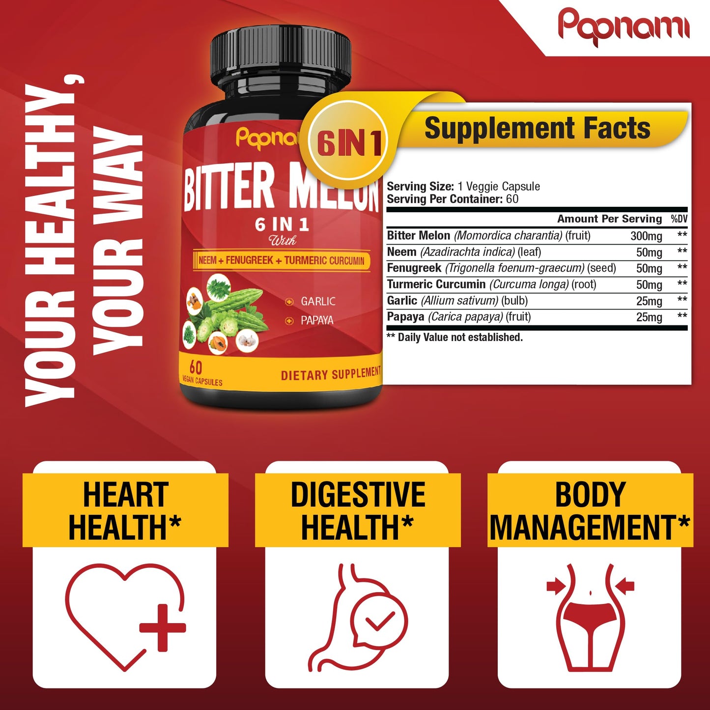 Papnami Organic Bitter Melon Extract Capsules, 60 Count