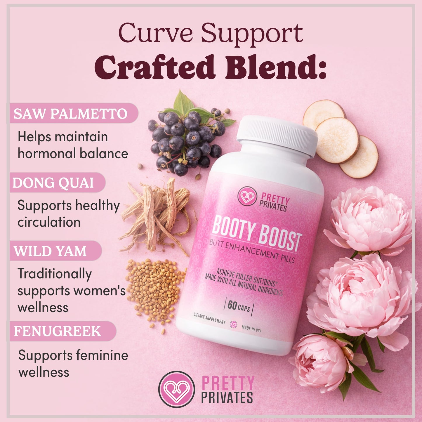 Pretty Privates Butt Enhancer Supplement Capsule, 60 Count