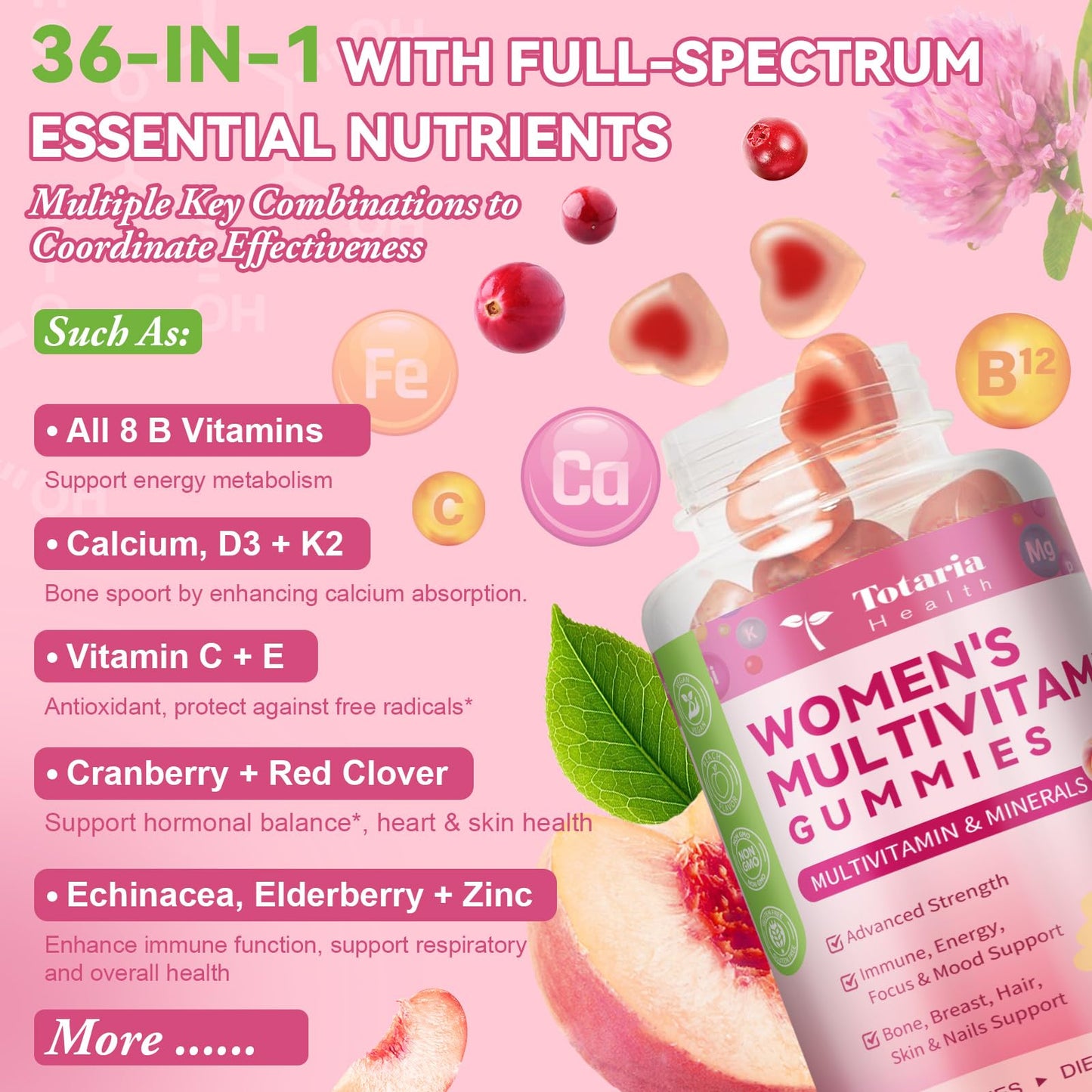 Totaria Sugar Free Multivitamin Gummies for Women 14+ with Iron, Inositol, Folate, Biotin, Vitamins A, C, B, D3, K2, Peach Flavor - 60 Gummies
