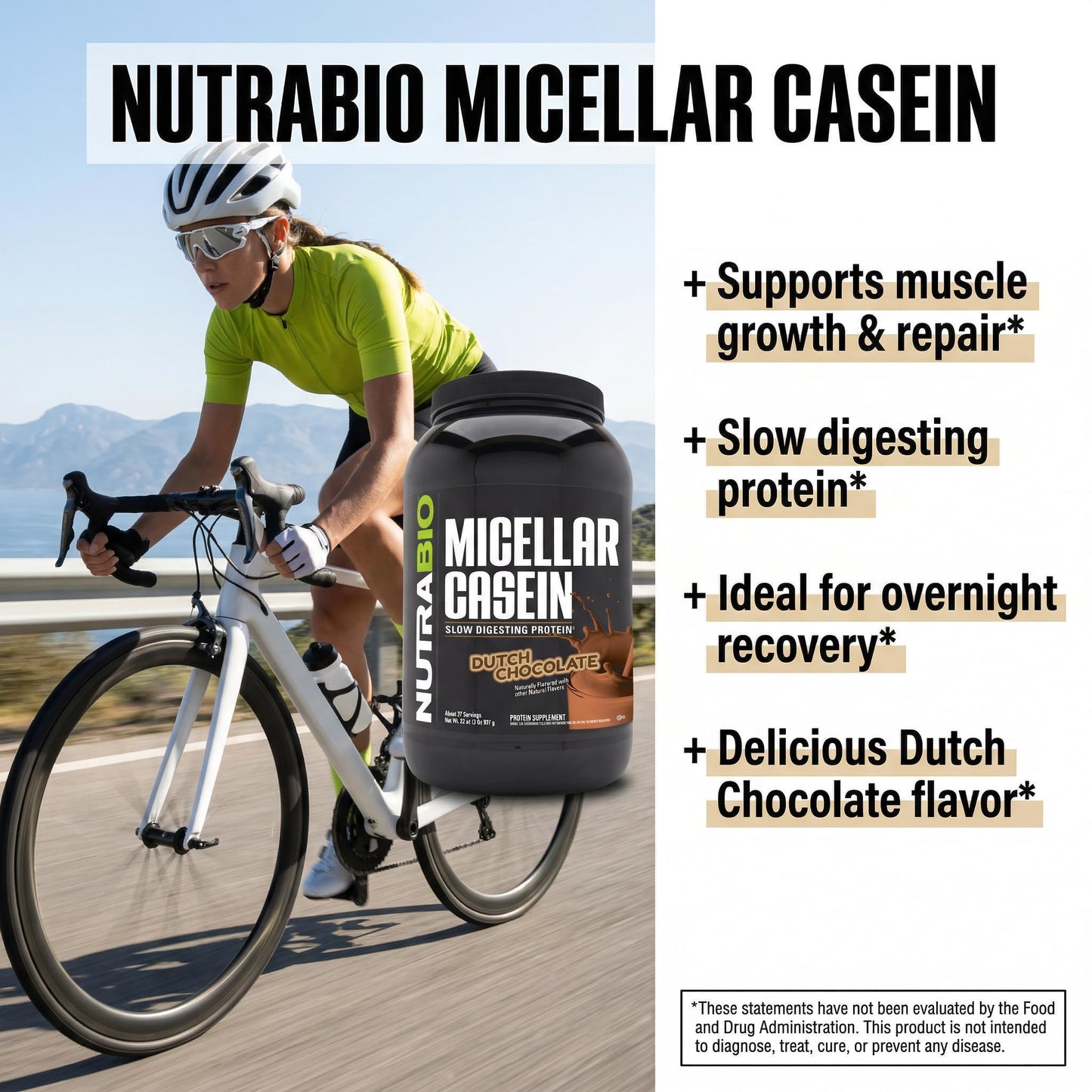 NutraBio Micellar Casein Protein Powder, 2 lb, Chocolate