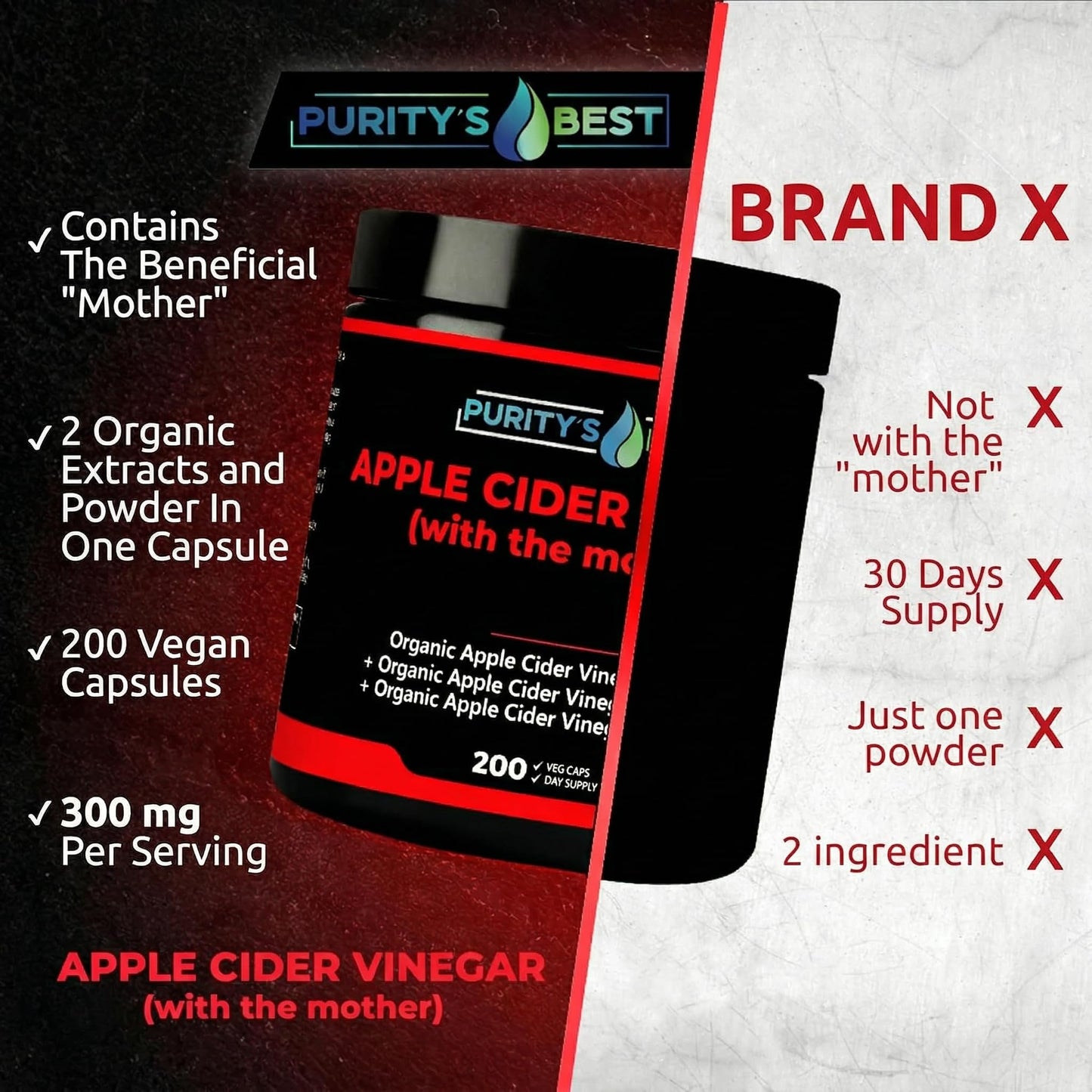 Purity`s Best Apple Cider Vinegar with The Mother 300 mg per serving, 200 Capsules
