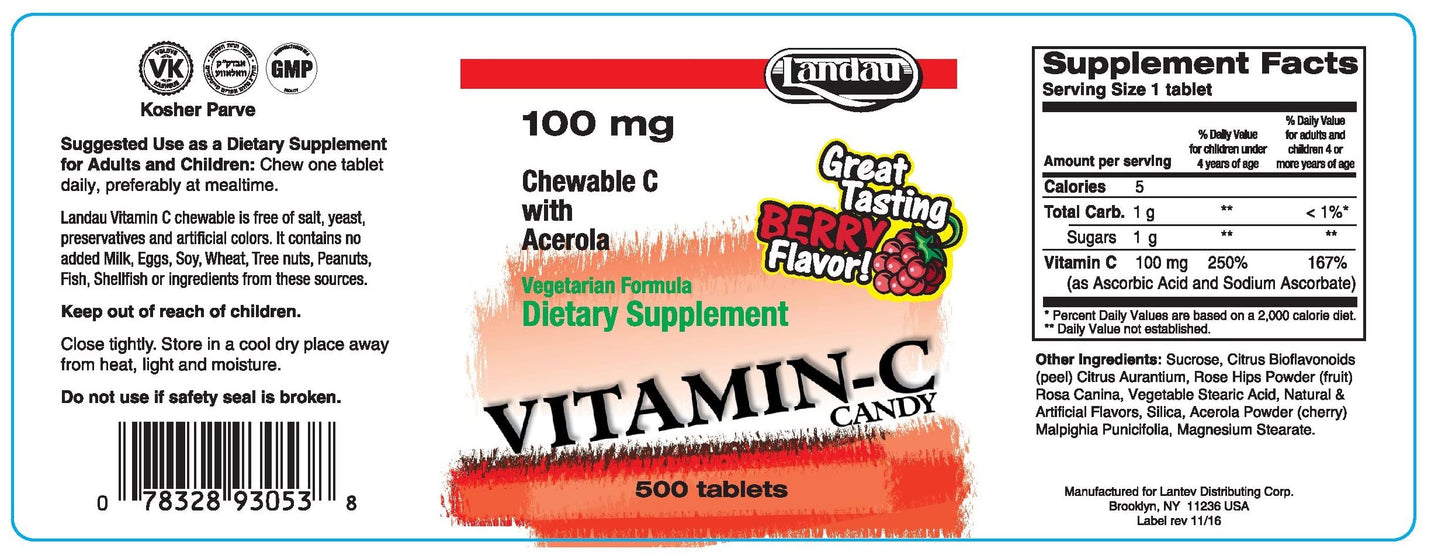 LANDAU Vitamin C Chewable 100 mg, 500 Chewable Tablets