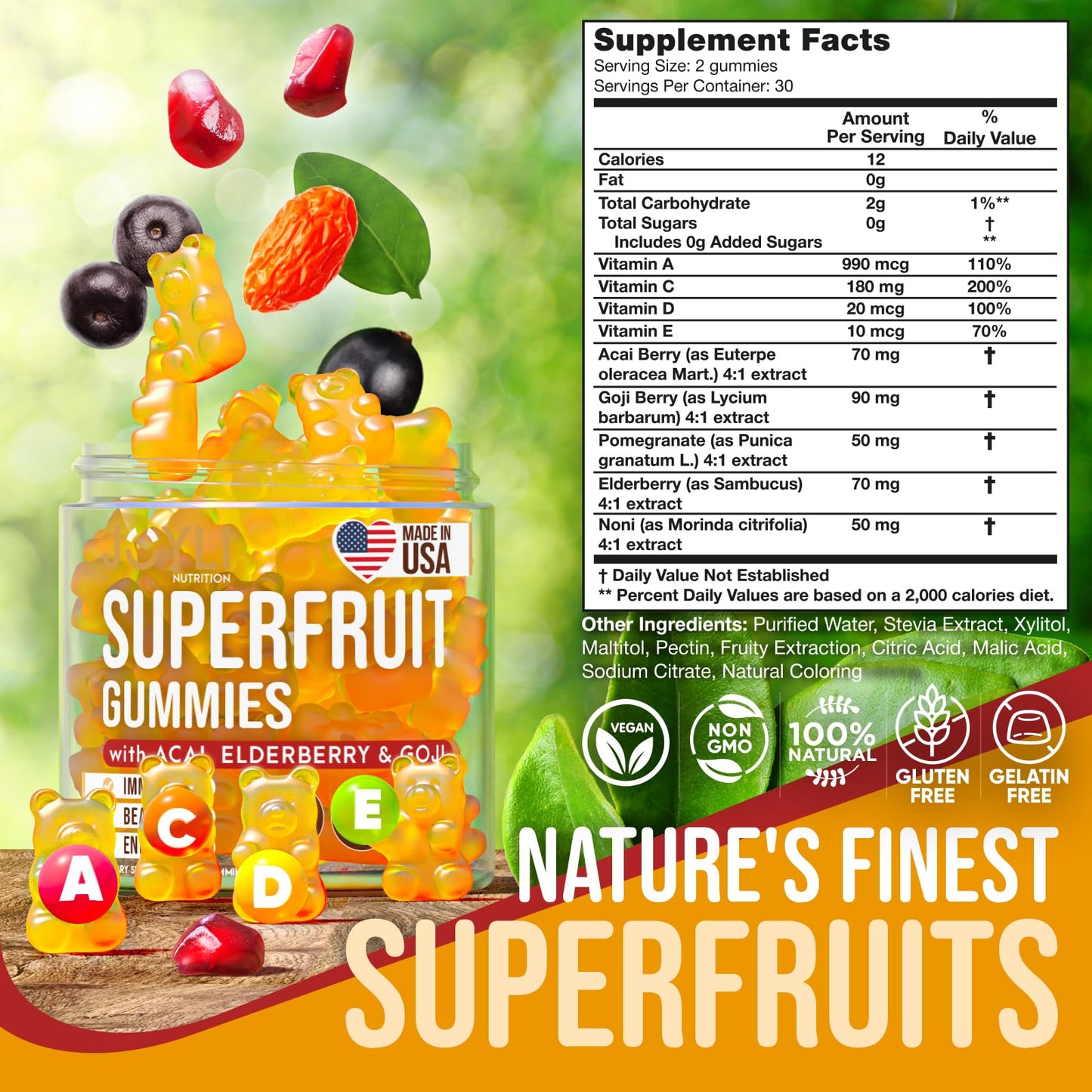 JOYLI Nutrition Joyli Superfruit Gummies - Sugar-Free Fruit Multivitamin for Adults - Natural Gummy Vitamins for Women & Men with Goji, Elderberry, Vitamins A, C, D & E - Supports Immunity, Digestion & Energy, 60 Count