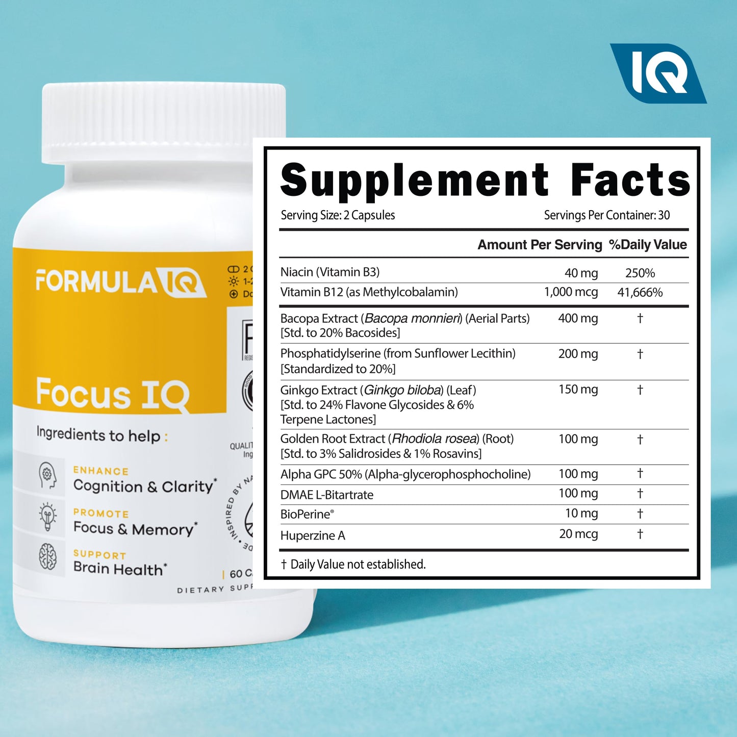 FIQ Formula IQ Focus IQ Brain Supplements for Memory and Focus 60 Capsules