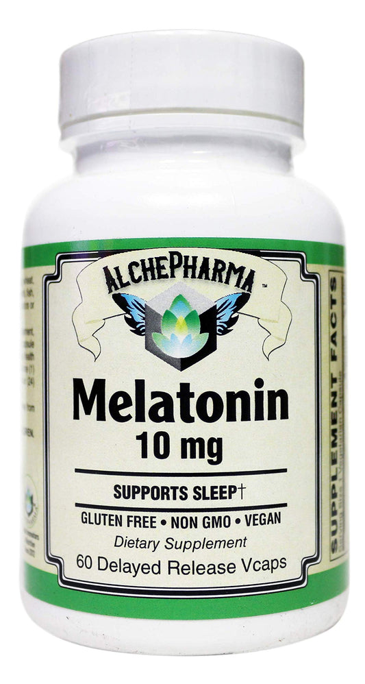 AlchePharma Melatonin 10 mg (Pharmaceutical Grade) Delayed Time Released Plus Synergistic Vitamin B6 Vegetable Capsules, 60 Count
