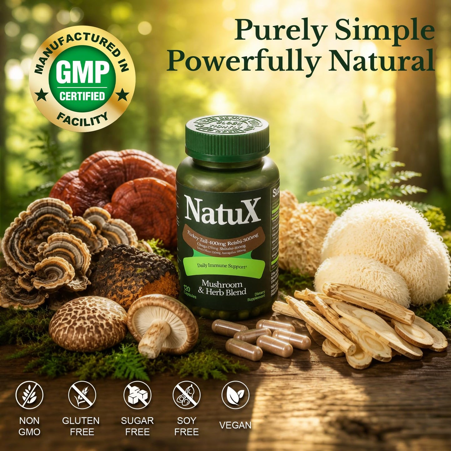 NatuX Mushroom Supplement Capsules for Immune Support, Beta-Glucans, 120 Capsules