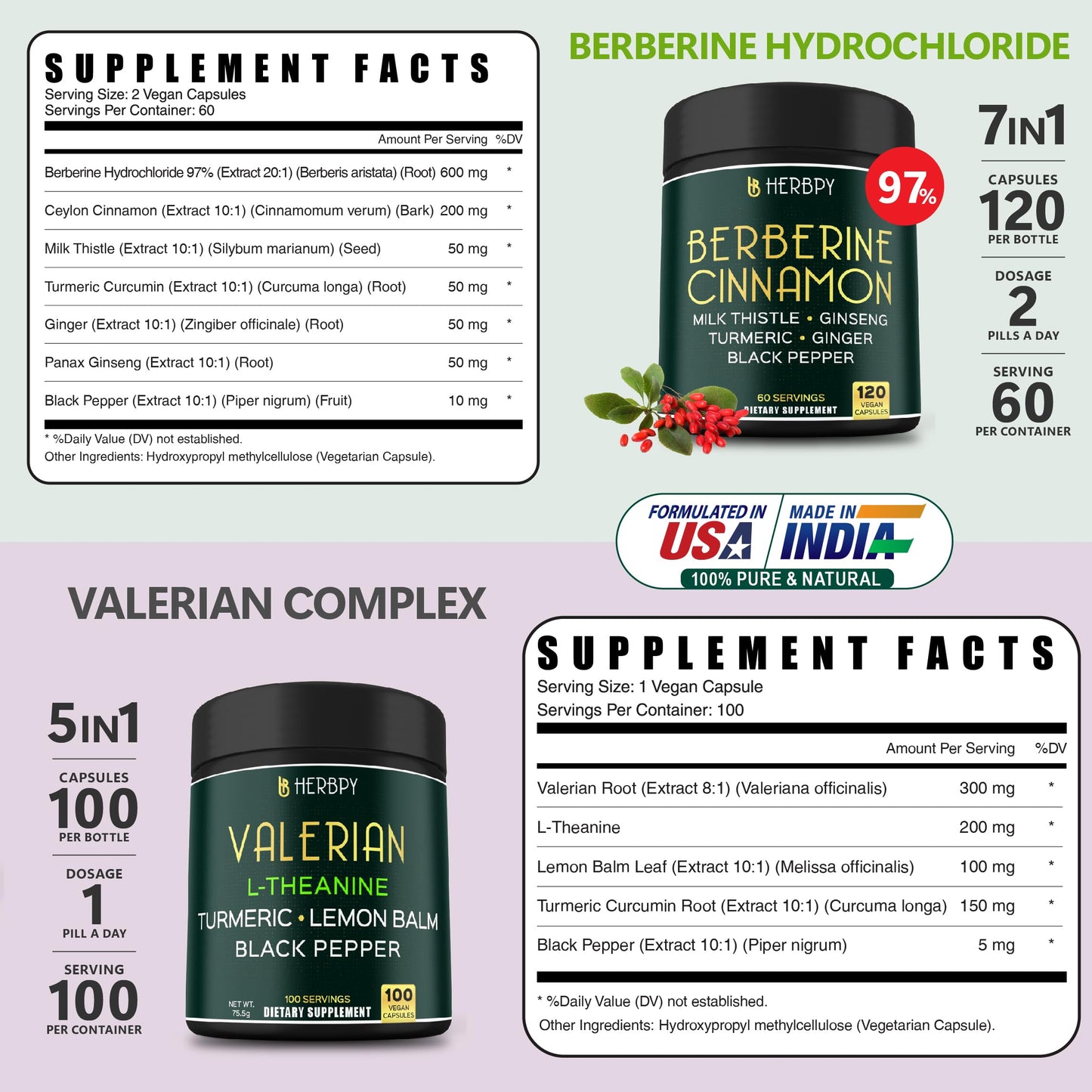 Herbpy Bundle 7in1 Berberine Supplement & 5in1 Valerian Root Capsules, 220 Capsules