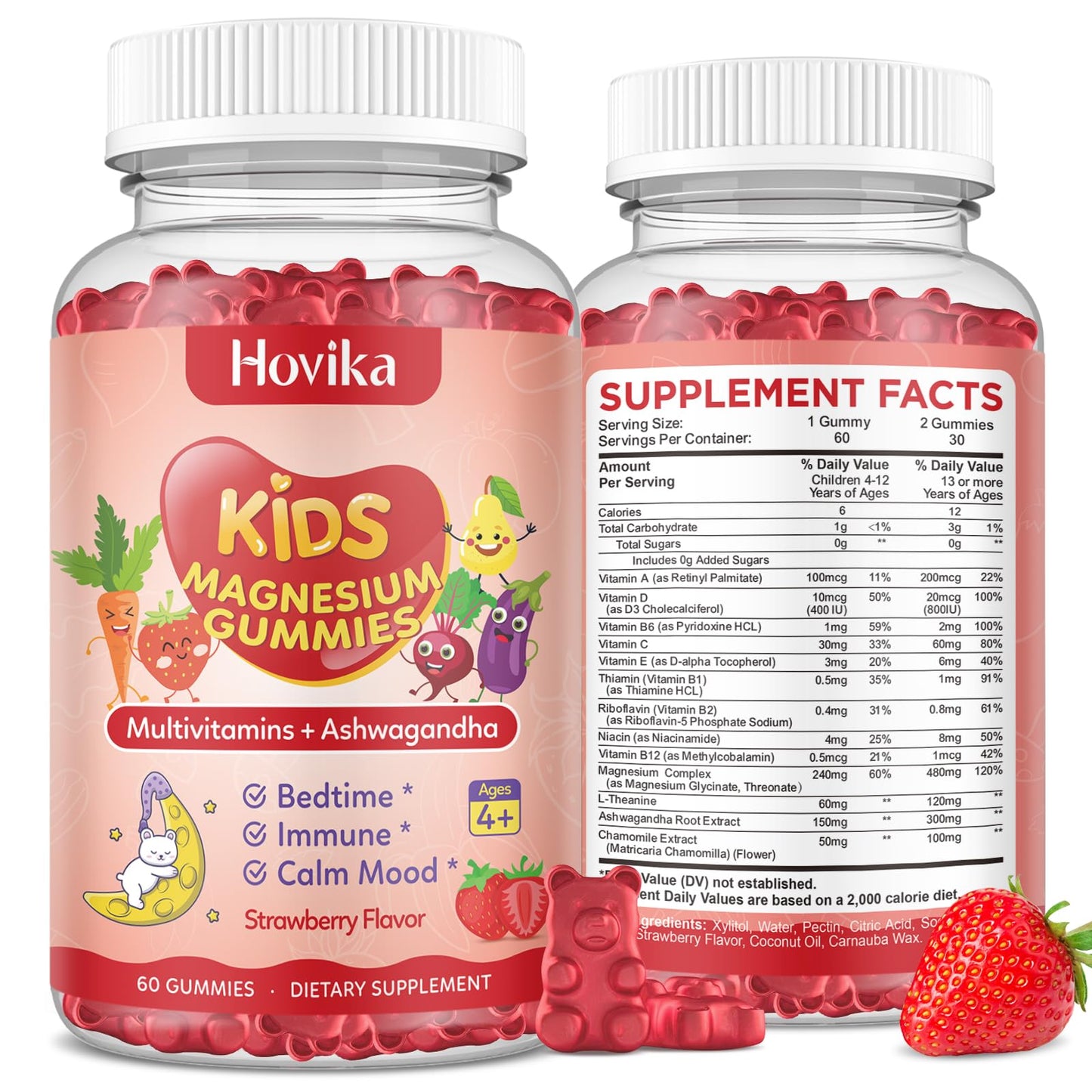 Hovika Magnesium Gummies for Kids & Adults with L-Theanine, Chamomile & Multivitamins, Sugar-Free Strawberry Flavor, 120 Gummies