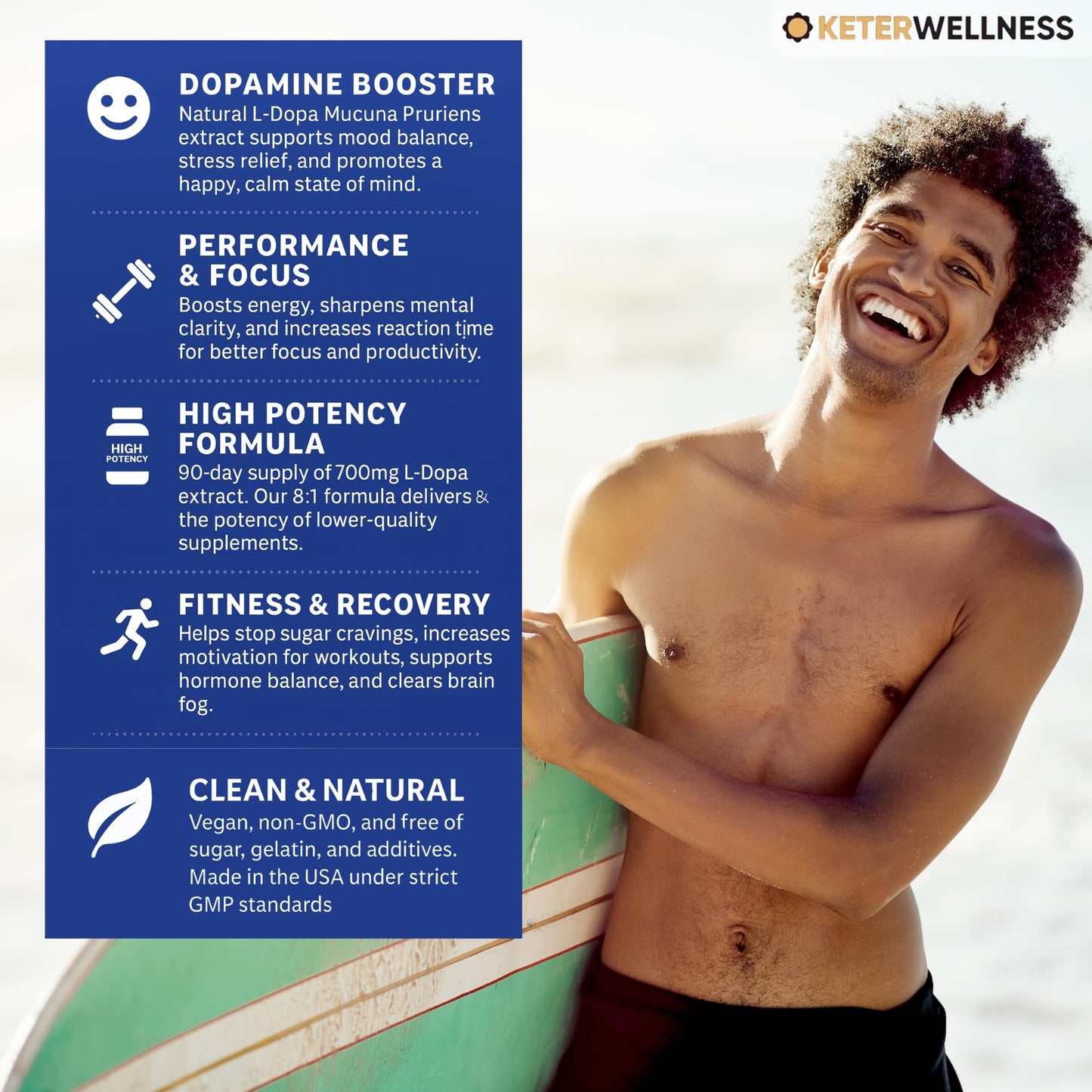 Keter Wellness Mucuna Pruriens 20% L-Dopa – Standardized Velvet Bean Extract for Natural Dopamine, Focus & Mood Support – Pure 20:1 Concentrated Herbal Supplement – Vegan, Non-GMO, 90 Capsules