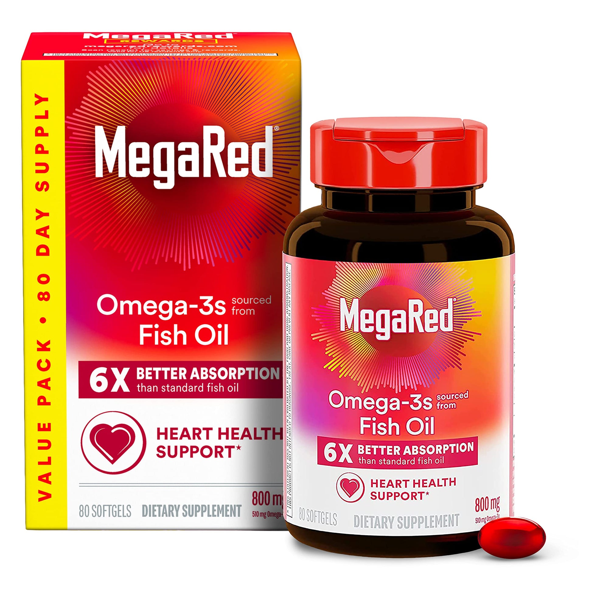 MegaRed Advanced 6X Absorption 800mg Omega-3s Fish Oil with EPA/DHA No Fishy Aftertaste Softgels 80 Count