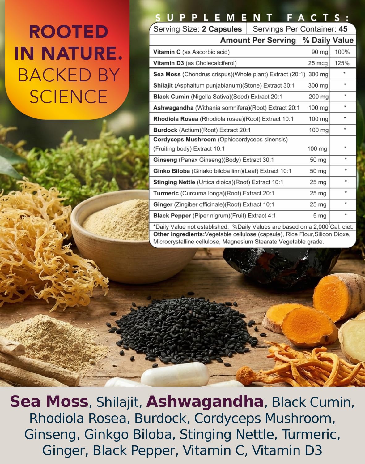 ONE 365 Sea Moss Shilajit Ashwagandha Energy Herbal Complex Supplement Capsule 90 Count