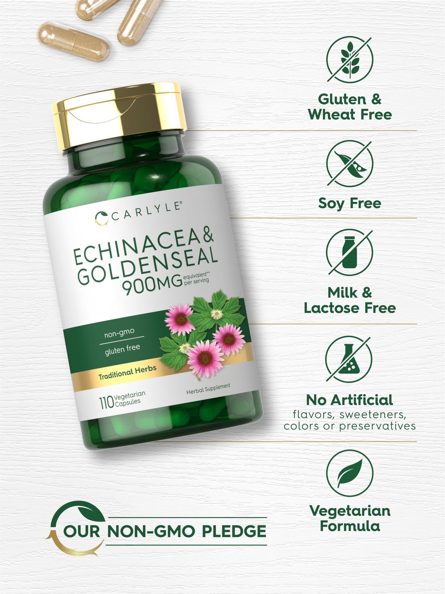 Carlyle Echinacea Goldenseal Capsules, 110 Count, Vegetarian, Non-GMO, Gluten Free