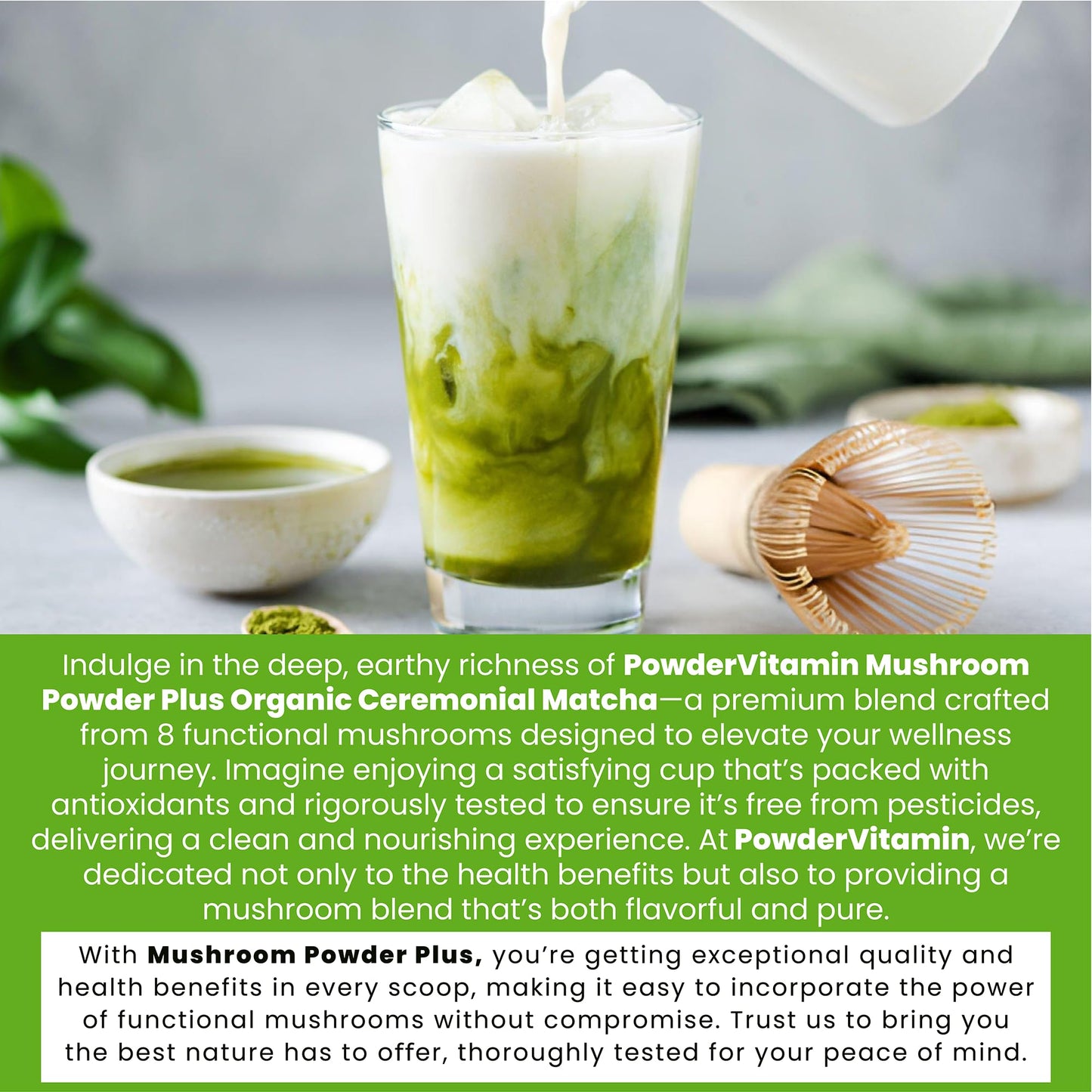 PowderVitamin Organic Ceremonial Mushroom Matcha Collagen Types I & III Powder 8.5 oz