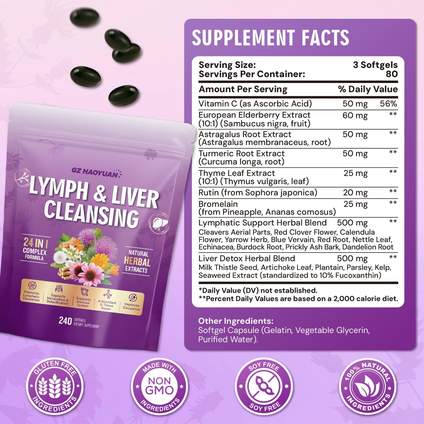 GZ HAOYUAN Lymphatic Drainage Supplement, Liver Cleanse Detox & Repair, 24-in-1 Herbal Blend with Echinacea, Dandelion, Burdock, Bromelain, Calendula, Turmeric - Lymph System Support, Less Bloating Softgel, 240