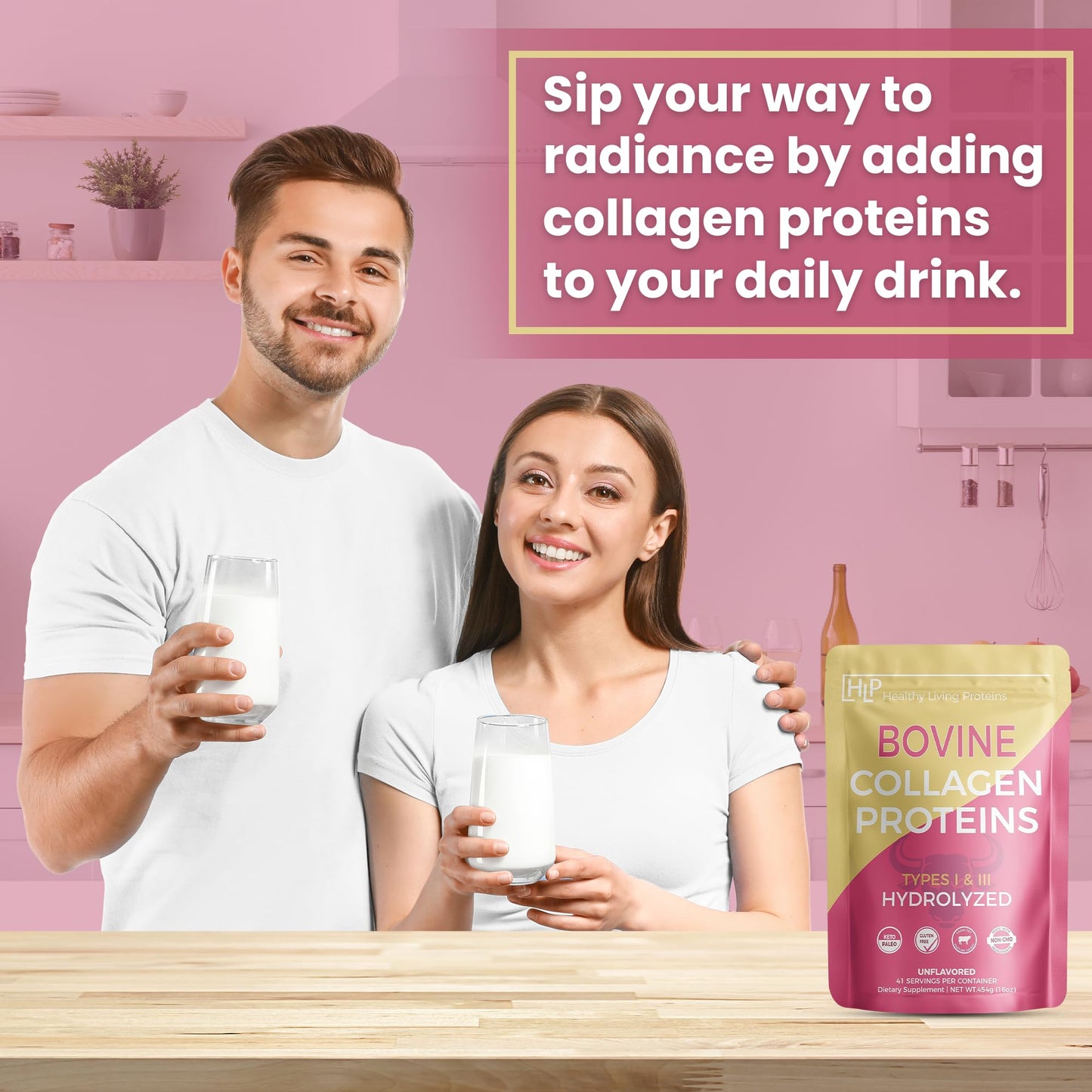 HLP Healthy Living Proteins Hydrolyzed Bovine Collagen Type I & III Powder, Unflavored, 16 oz