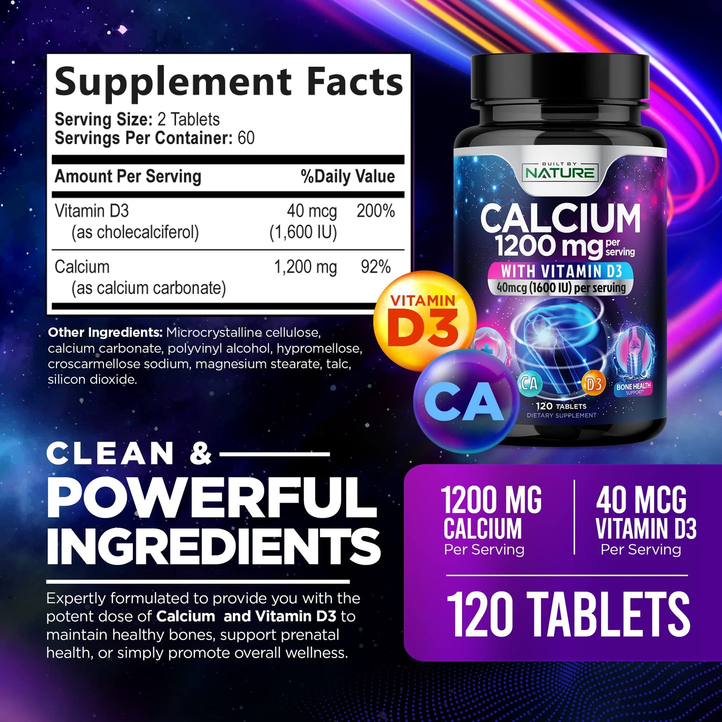 Built by Nature Calcium 1200mg with Vitamin D3 for Best Absorption, 120 Tablets