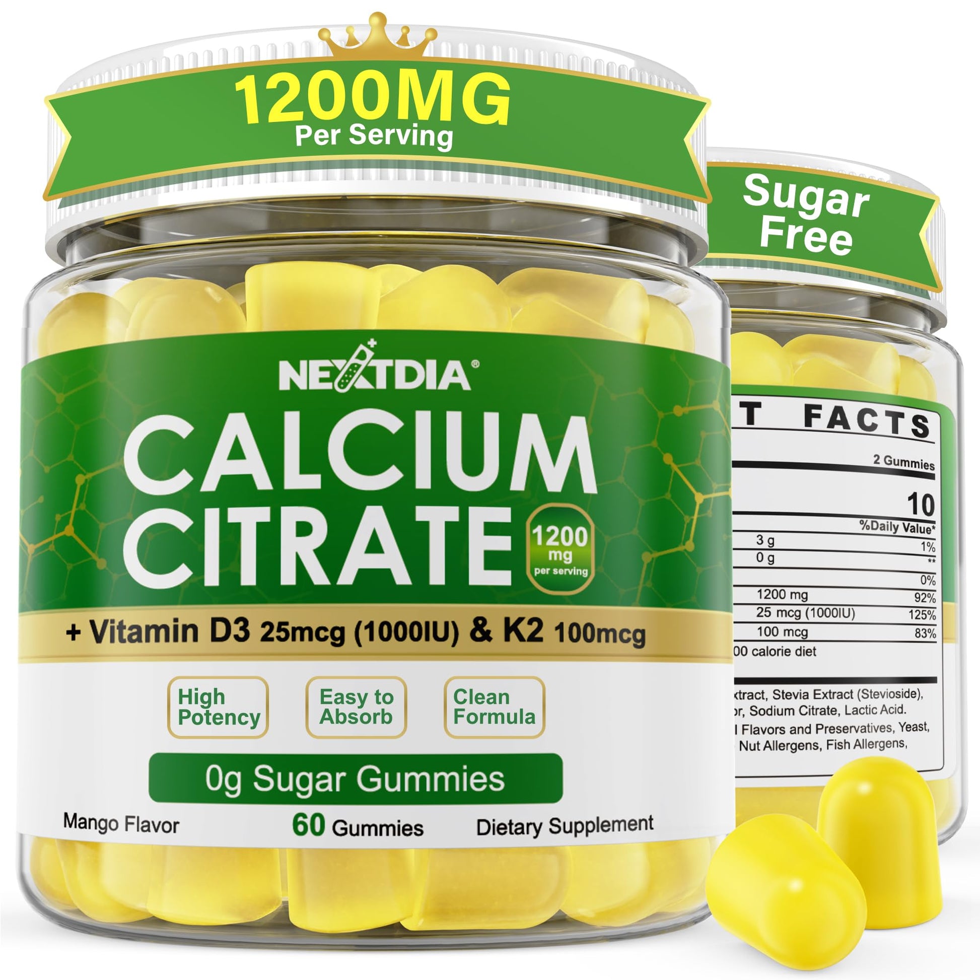 Nextdia Calcium Citrate Gummies 1200mg with Vitamin D3 K2, 120 Count
