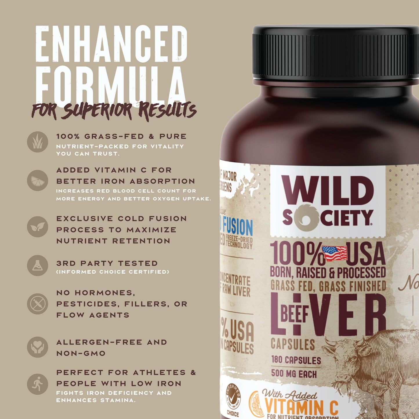 WILD SOCIETY USA Grass Fed Beef Liver Capsules, 180 Count