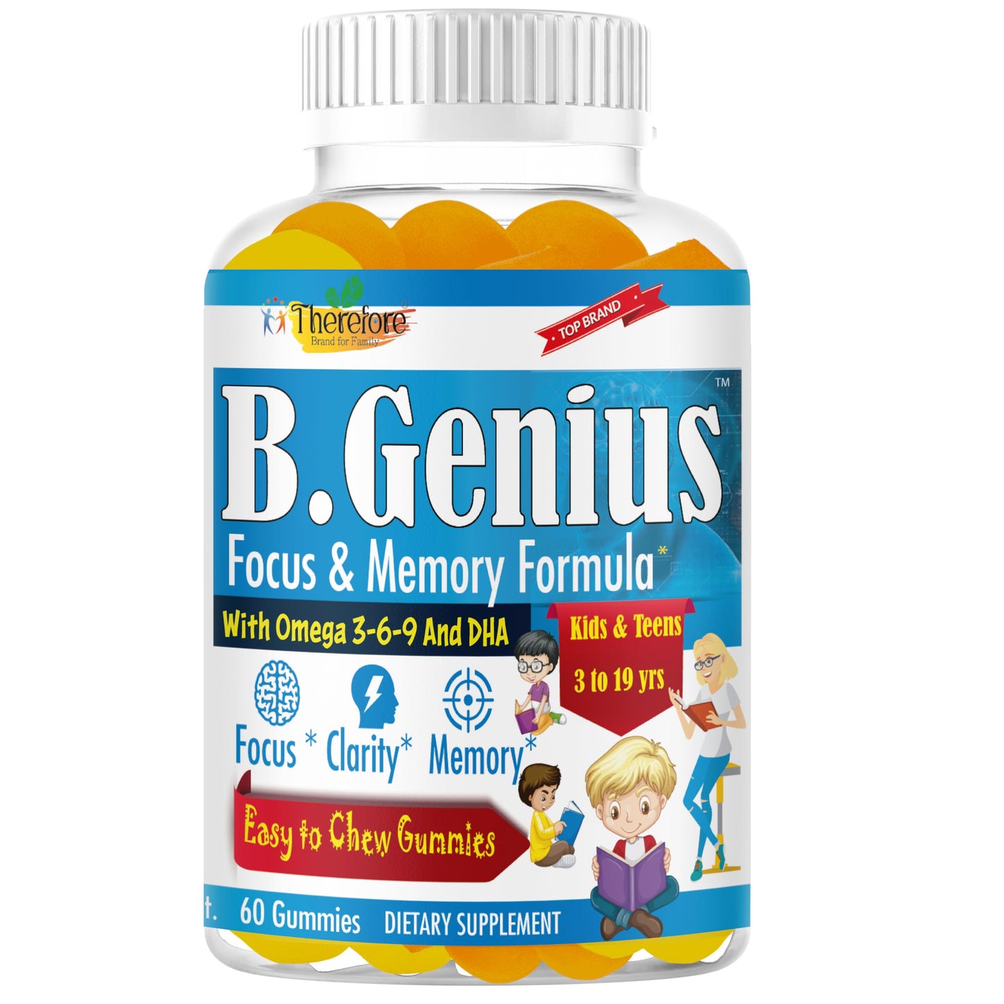 Therefore B.Genius Focus Gummies for Kids & Teens – Focus & Attention, Memory & Concentration – Plant-Based – 60 Count