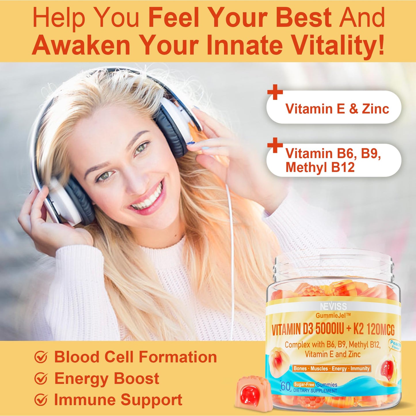 NEVISS Vitamin D3 5000IU + K2 (MK-7) 120mcg Gummies, 120 Gummies
