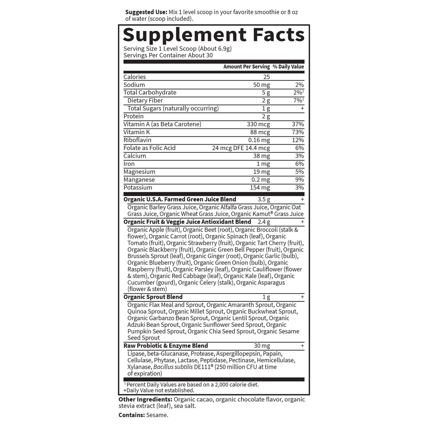 Garden of Life Raw Organic Perfect Food Green Superfood Juiced Greens Powder - Chocolate, 30 Servings