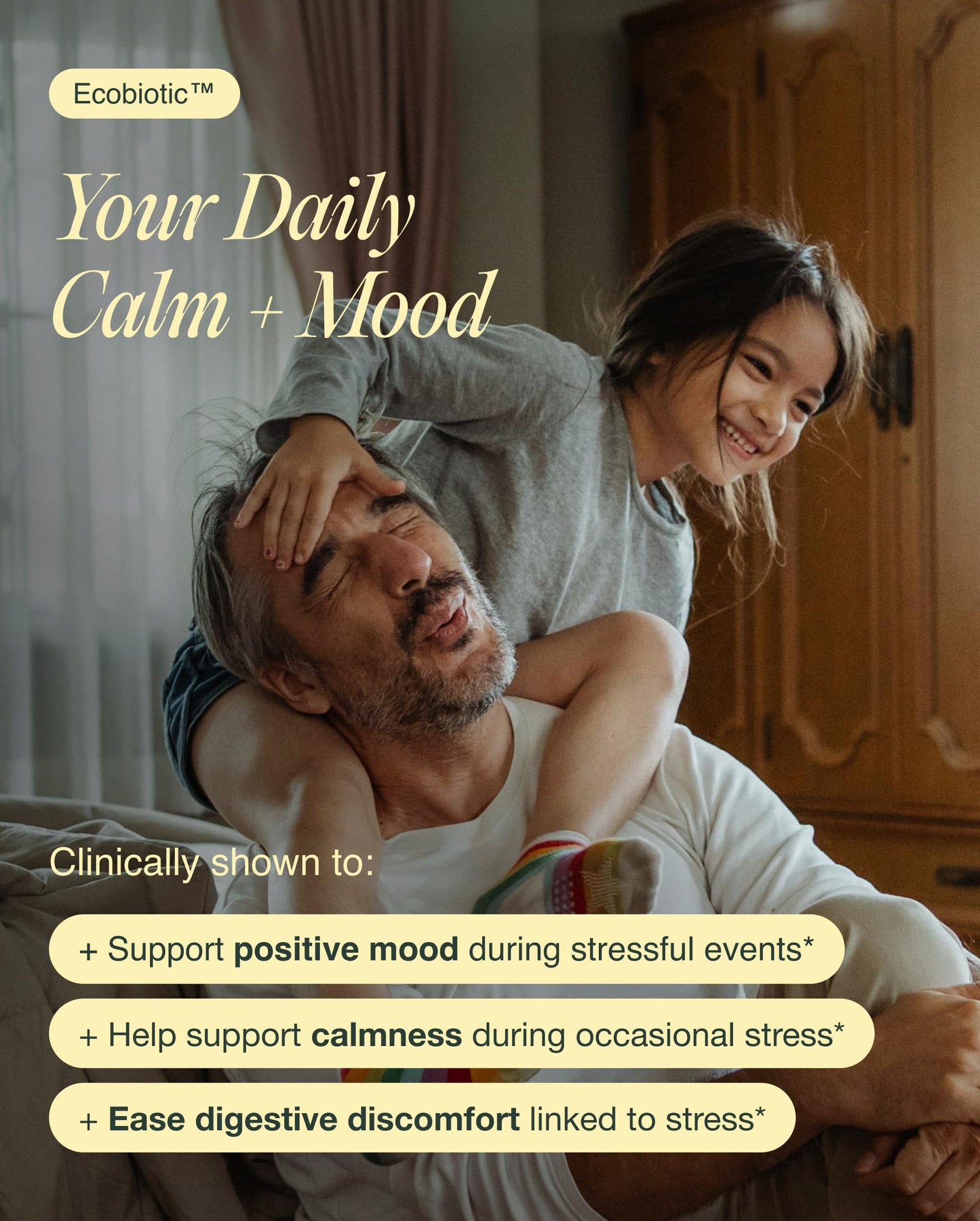 Ecosh Ecobiotic Calm + Mood Probiotic Gut–Brain Mood Support Supplement with Clinically Studied Strains (L. helveticus R0052, B. longum R0175, L. rhamnosus GG, L. plantarum 1012), Ashwagandha, VIT C & B6, 30 Capsules