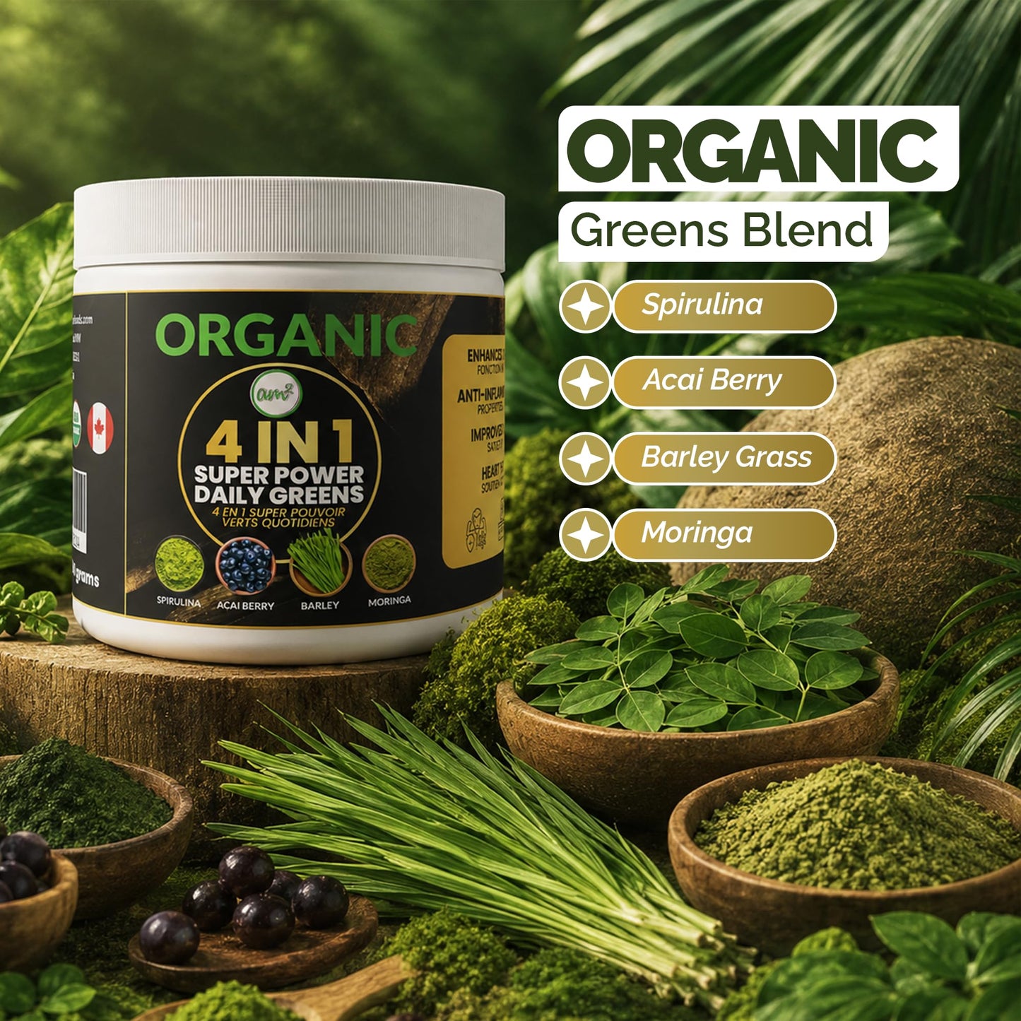 am2 Organic Superfood Powder 4-in-1 Blend – Moringa, Spirulina, Barley Grass, Acai Berry, 1 oz