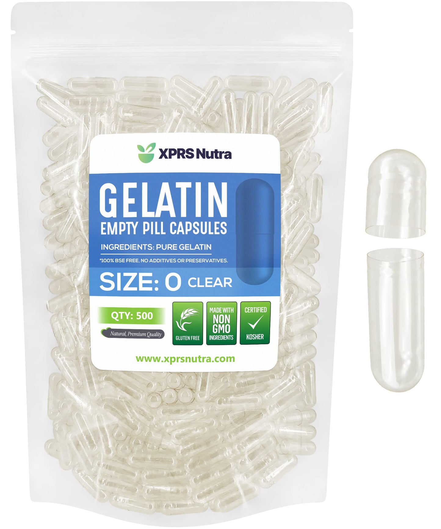XPRS Nutra Size 0 Empty Gelatin Capsules, 500 Count