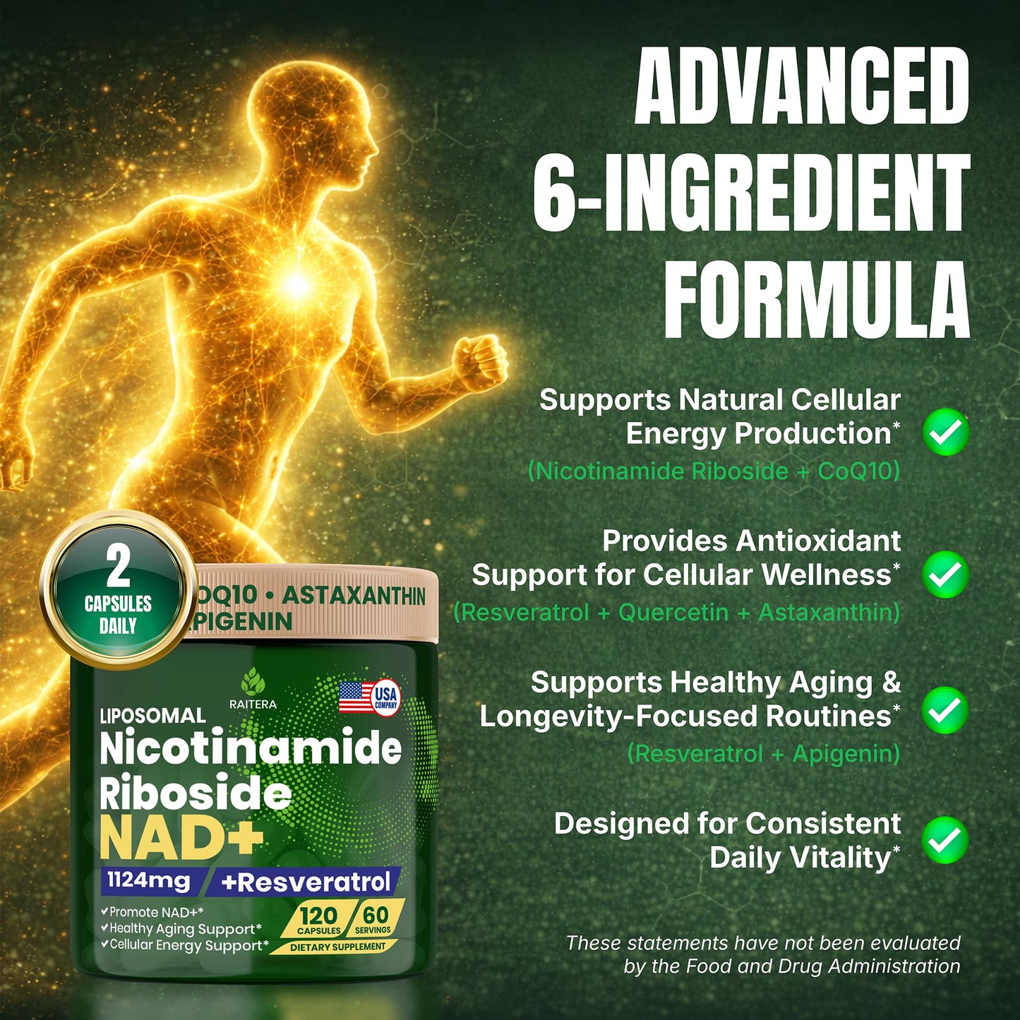 Raitera NAD+ Supplement with Nicotinamide Riboside, Resveratrol & Quercetin, Premium Cellular Energy & Healthy Aging Support, NMN Alternative, 120 Capsules