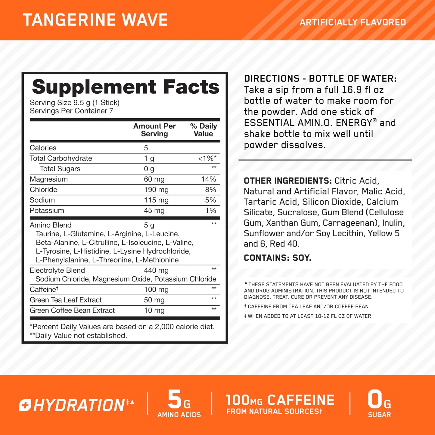 Optimum Nutrition Essential Amino Energy Plus Electrolytes Stick Packs, Energy Powder, Tangerine Wave, 7 Count