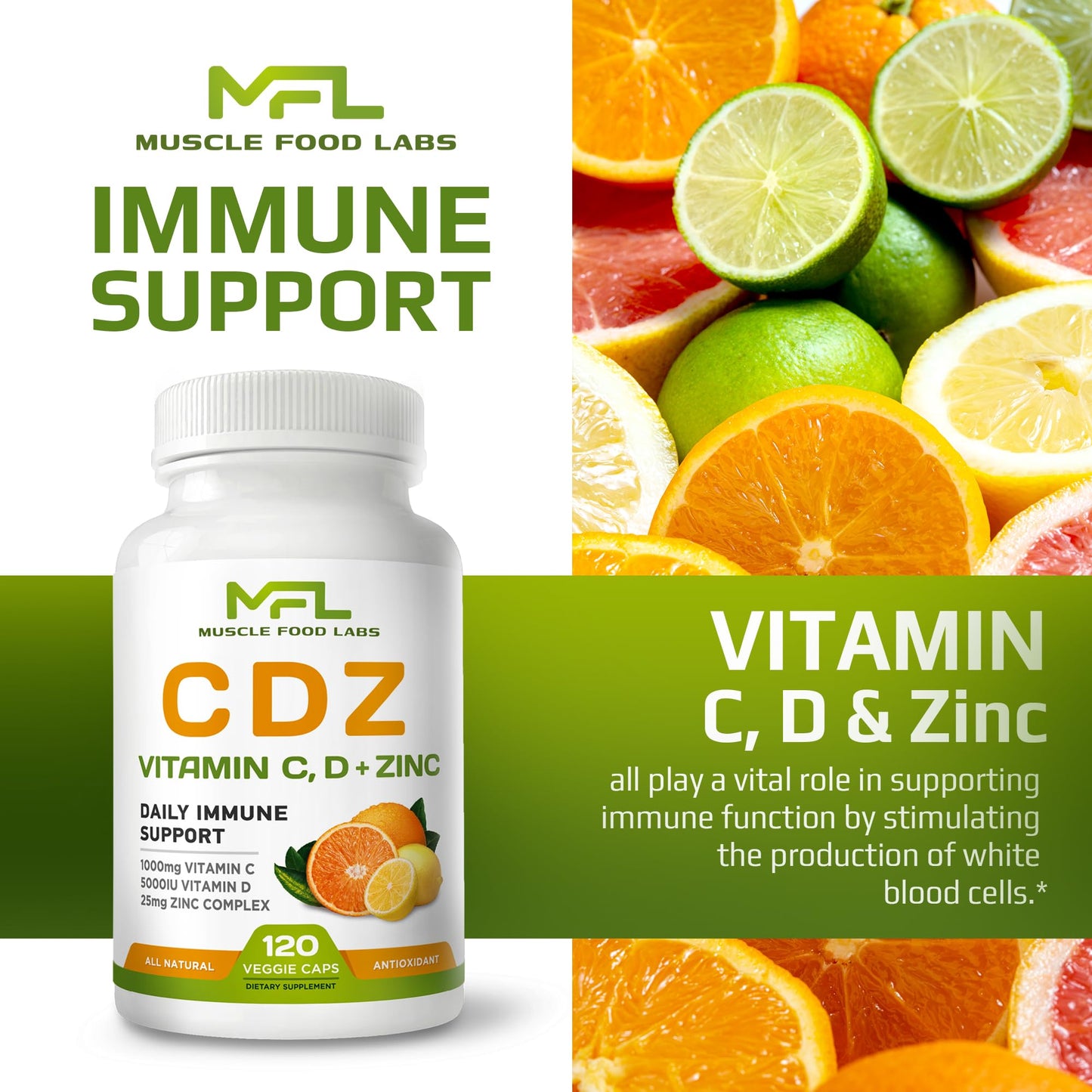 Muscle Food Labs C D Z Vitamin C 1000mg, Vitamin D3 125mcg, Zinc 25mg, Non-GMO & Gluten Free, 120 Vegetarian Capsules
