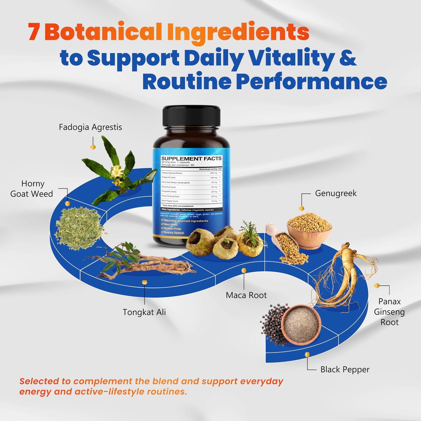 VEGATOT 7 in 1 High Strength Fadogia Concentrated with Tongkat Ali Maca Root Fenugreek Ginseng Capsule 90 Count