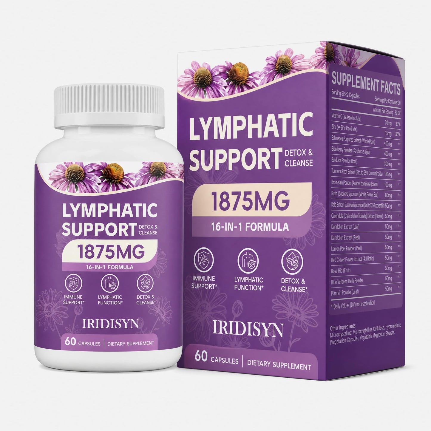 IRIDISYN Lymphatic Drainage Supplement 1875 mg, Lymph Detox Cleanse & Immune Support, Lymphatic System Support Supplement with Echinacea, Elderberry, and Calendula, 60 Capsules