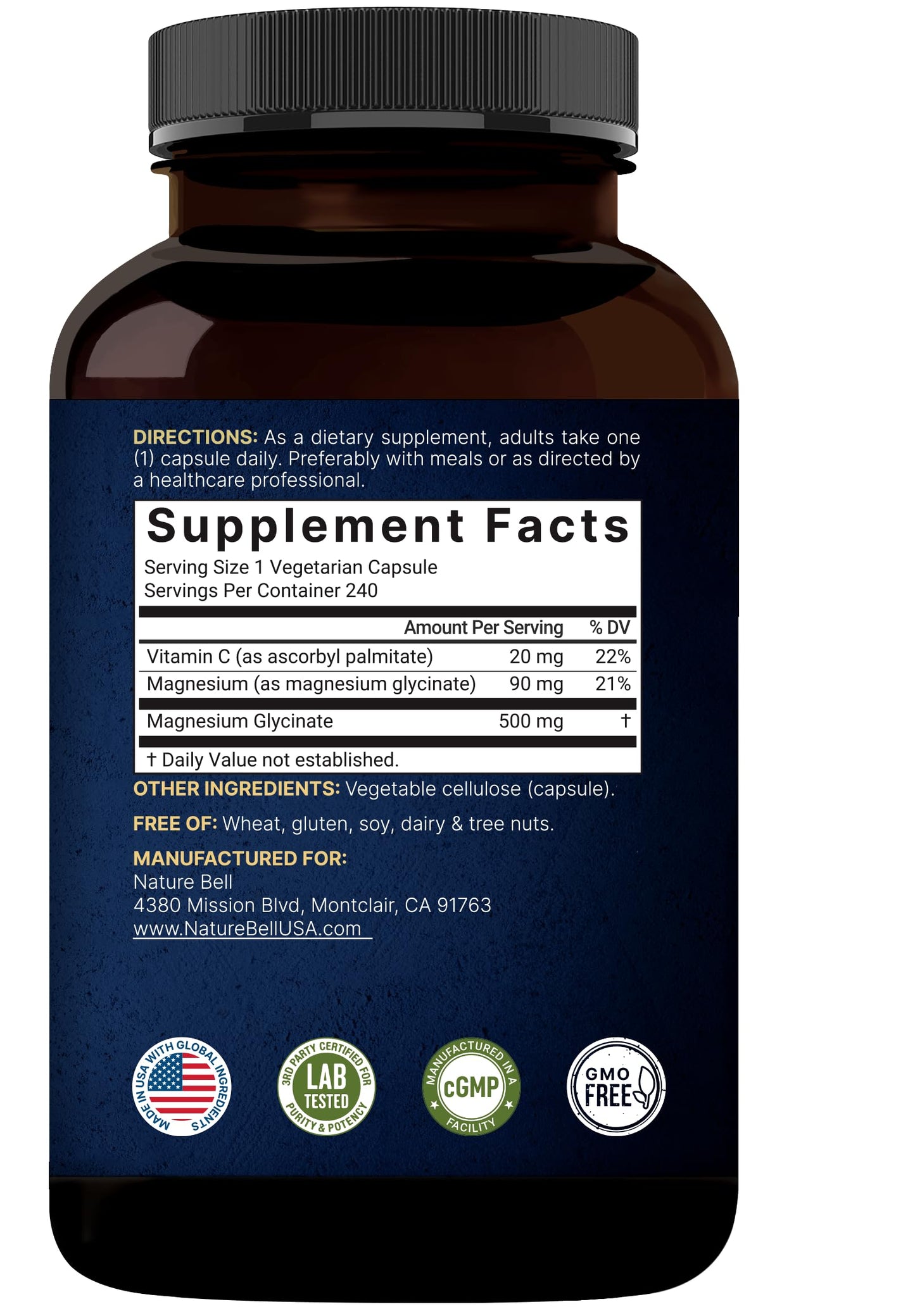 NatureBell Magnesium Glycinate 500mg Capsules, 240 Count