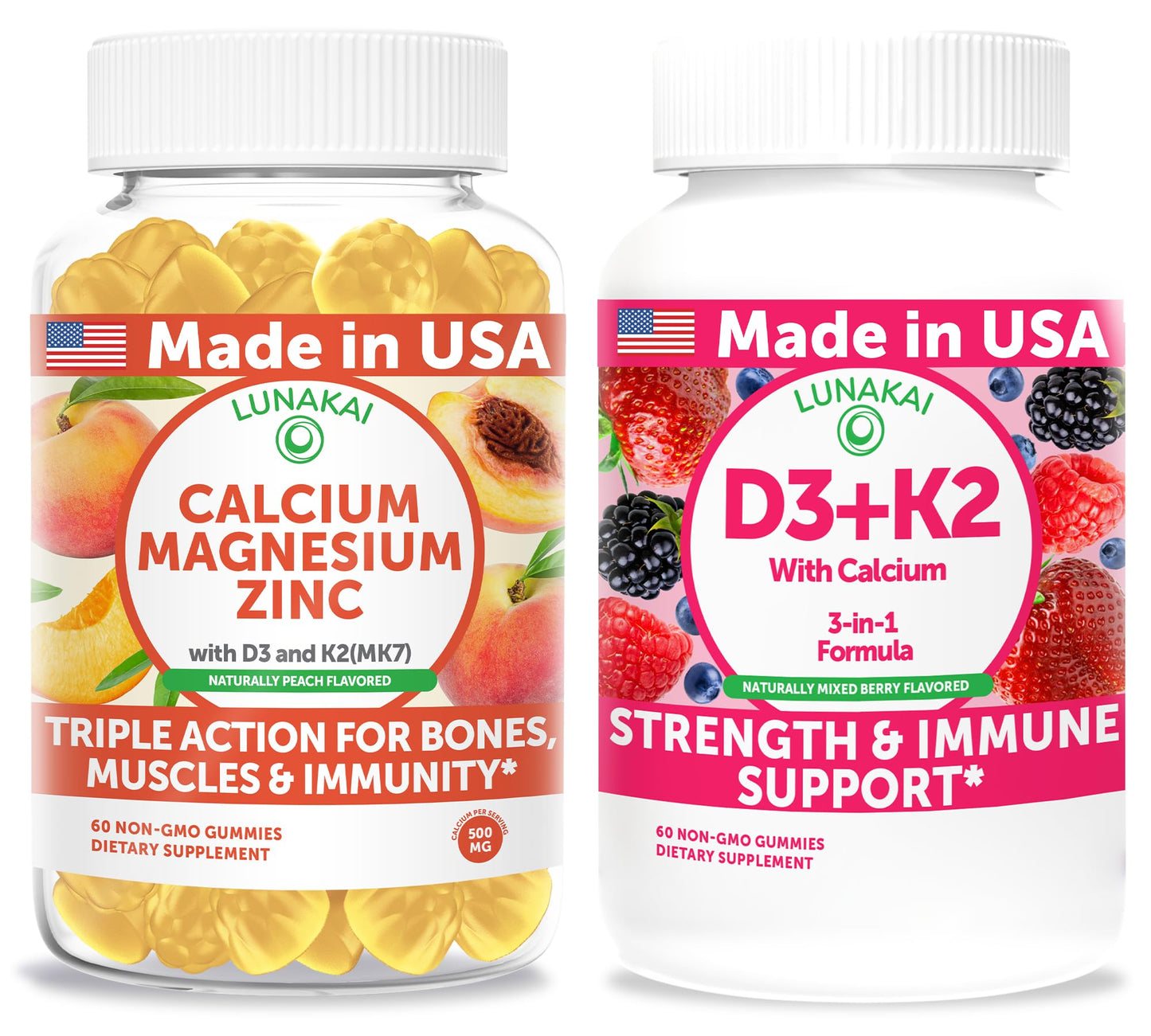 Lunakai Calcium Magnesium Zinc + D3 + K2 Gummies Bundle – 120 Gummies
