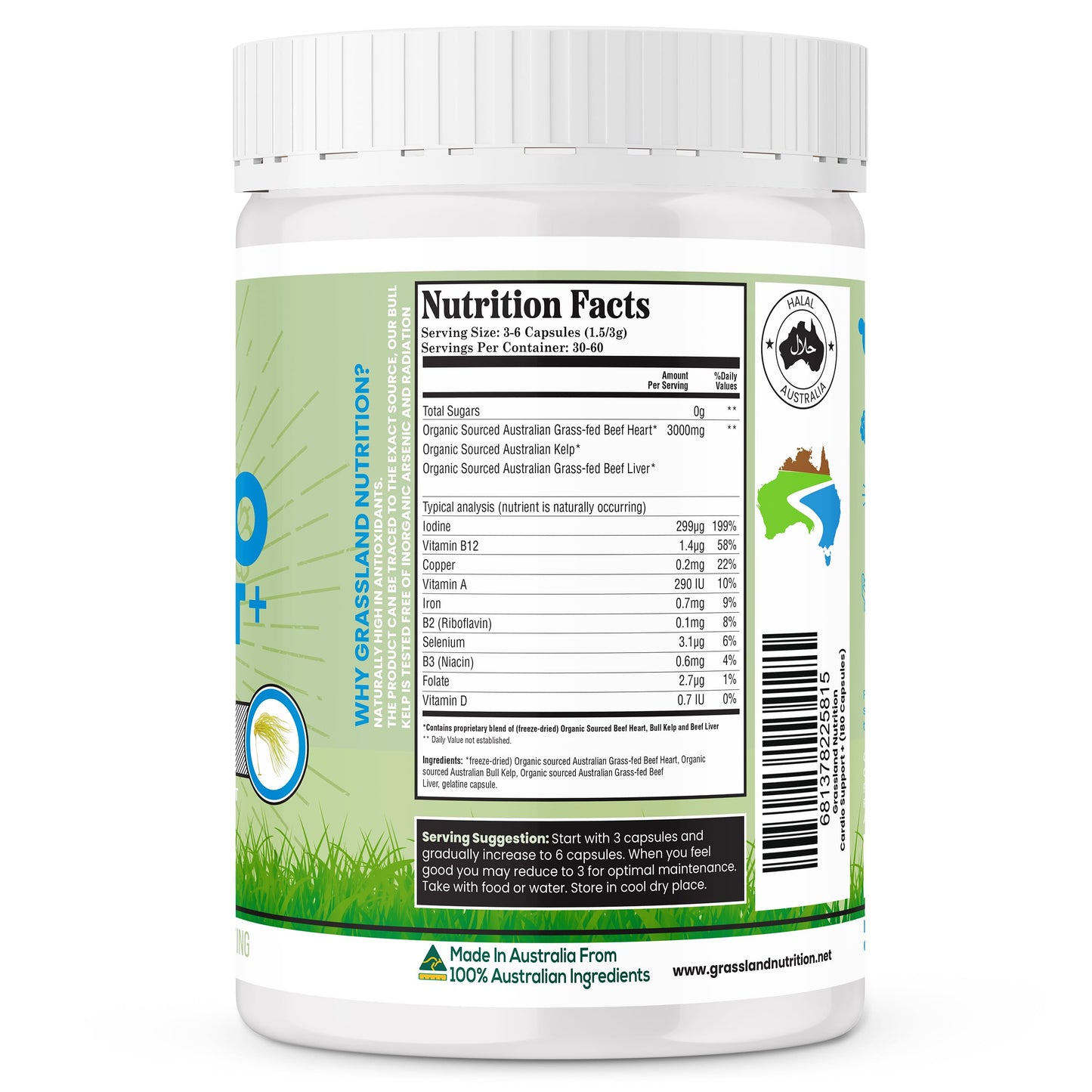 Grassland Nutrition Cardio Support Beef Organ Blend with CoQ10, B12, Iodine, 180 Capsules