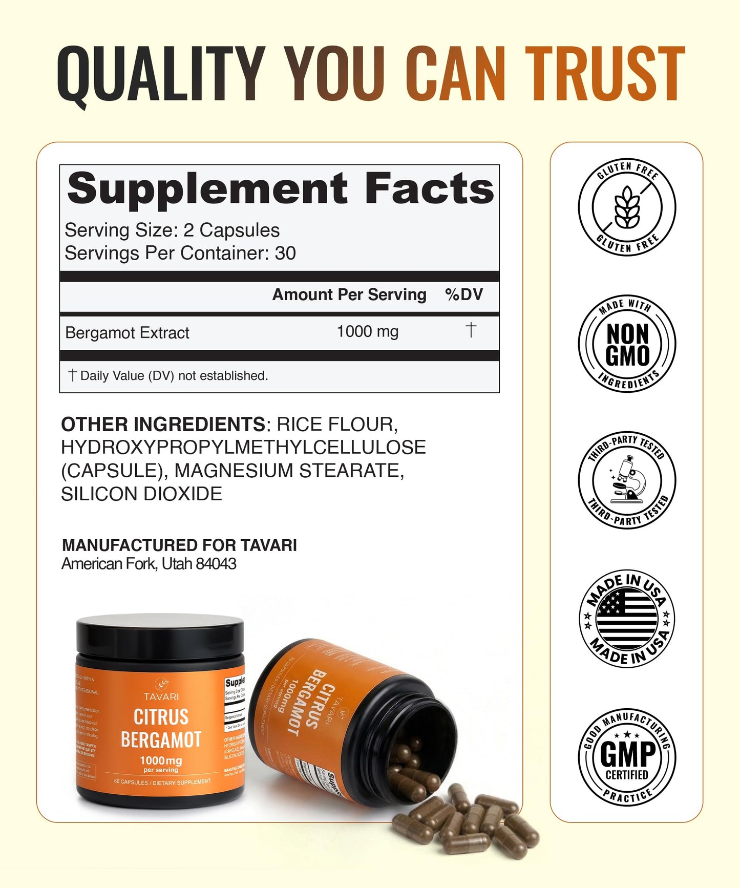 TAVARI Citrus Bergamot 1000mg Capsule 60 Count