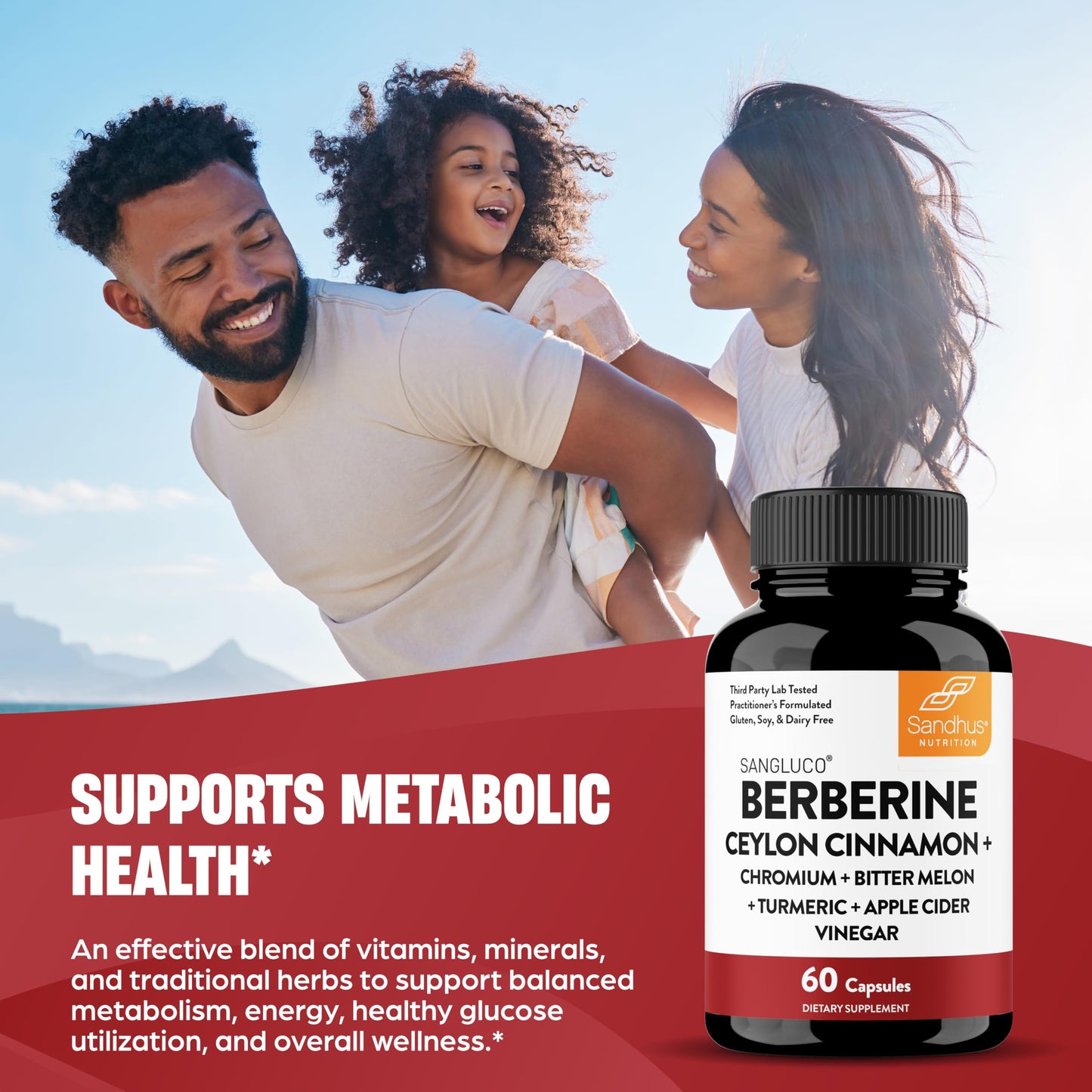 Sandhu's Sangluco Berberine Ceylon Cinnamon Chromium Turmeric Apple Cider Vinegar Bitter Melon Supplement 180 Capsules