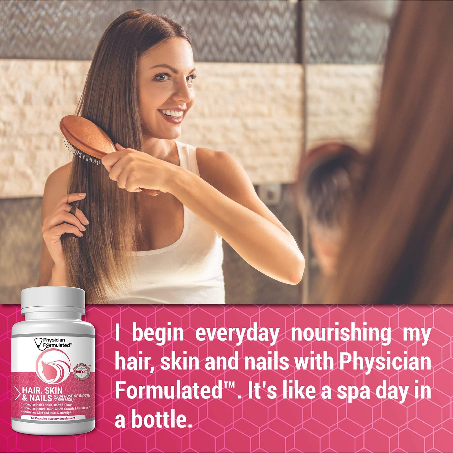 Physician Formulated Healthy Hair Skin and Nails Vitamins for Men and Women - 7500 mcg Biotin, Amino Acids, Collagen and Hyaluronic Acid, 60 Capsules