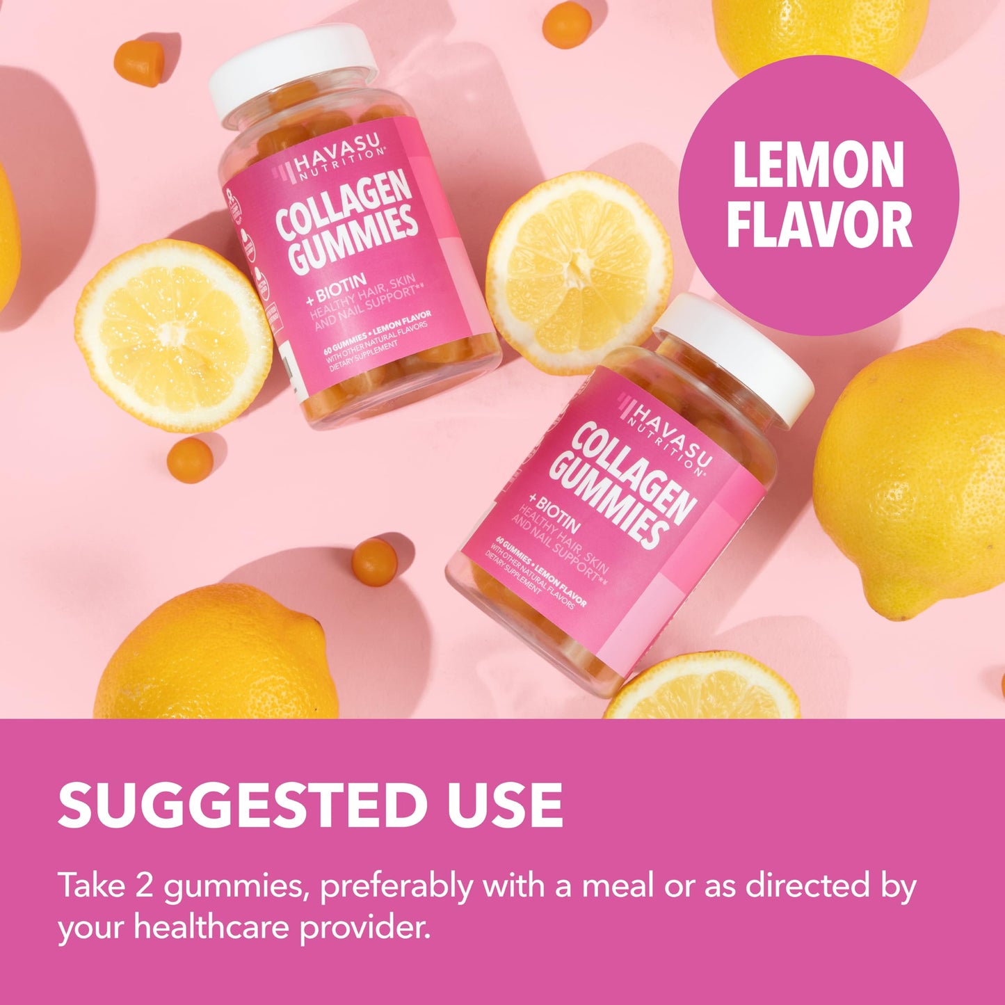 HAVASU NUTRITION Collagen Gummies With 2500mcg Biotin, Hair Skin & Nail Support, Lemon, 60 Gummies