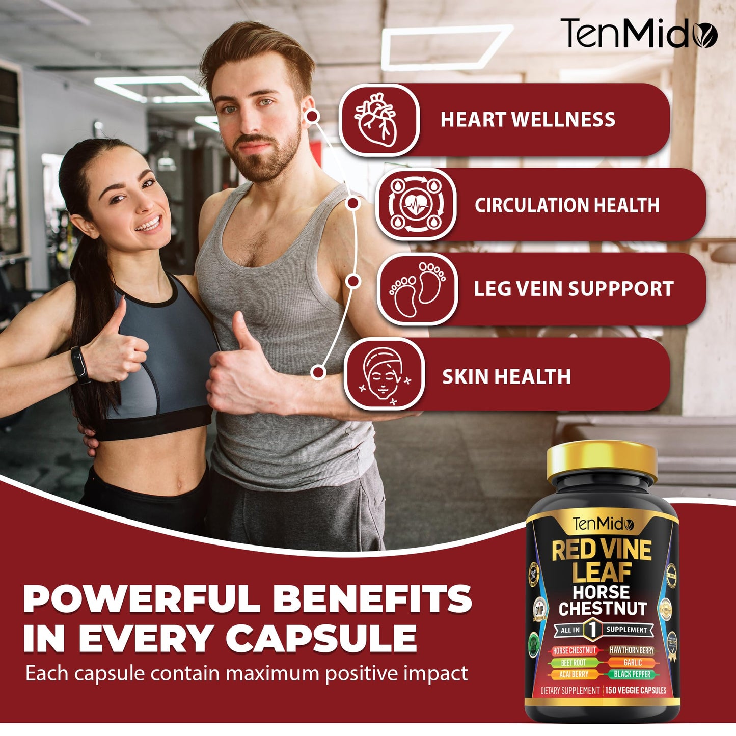 Tenmido Red Vine Leaf Extract Supplement 7in1 Formula Capsule, 150 Capsules