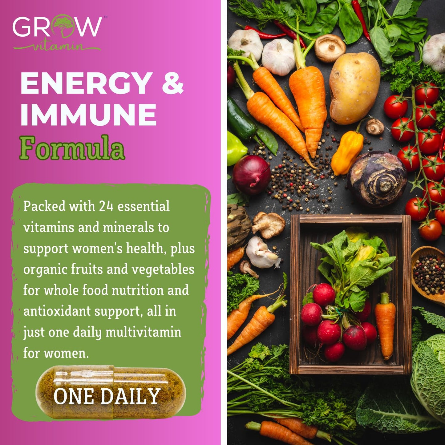 Grow Vitamin One Daily Multivitamin for Women - Energy Support - Whole Food Supplement to Nourish Hair, Skin, Nails - Non-GMO - No Soy - Gluten Free - 60 Capsules